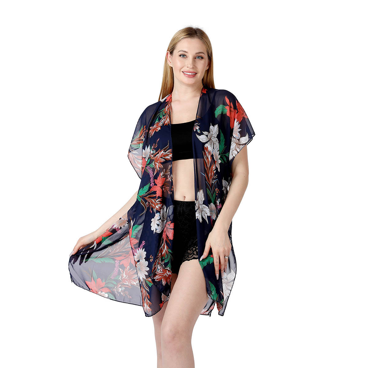 CrossKulture Navy Blue Printed Swimwear Short Sleeve Cover-Up Shrug