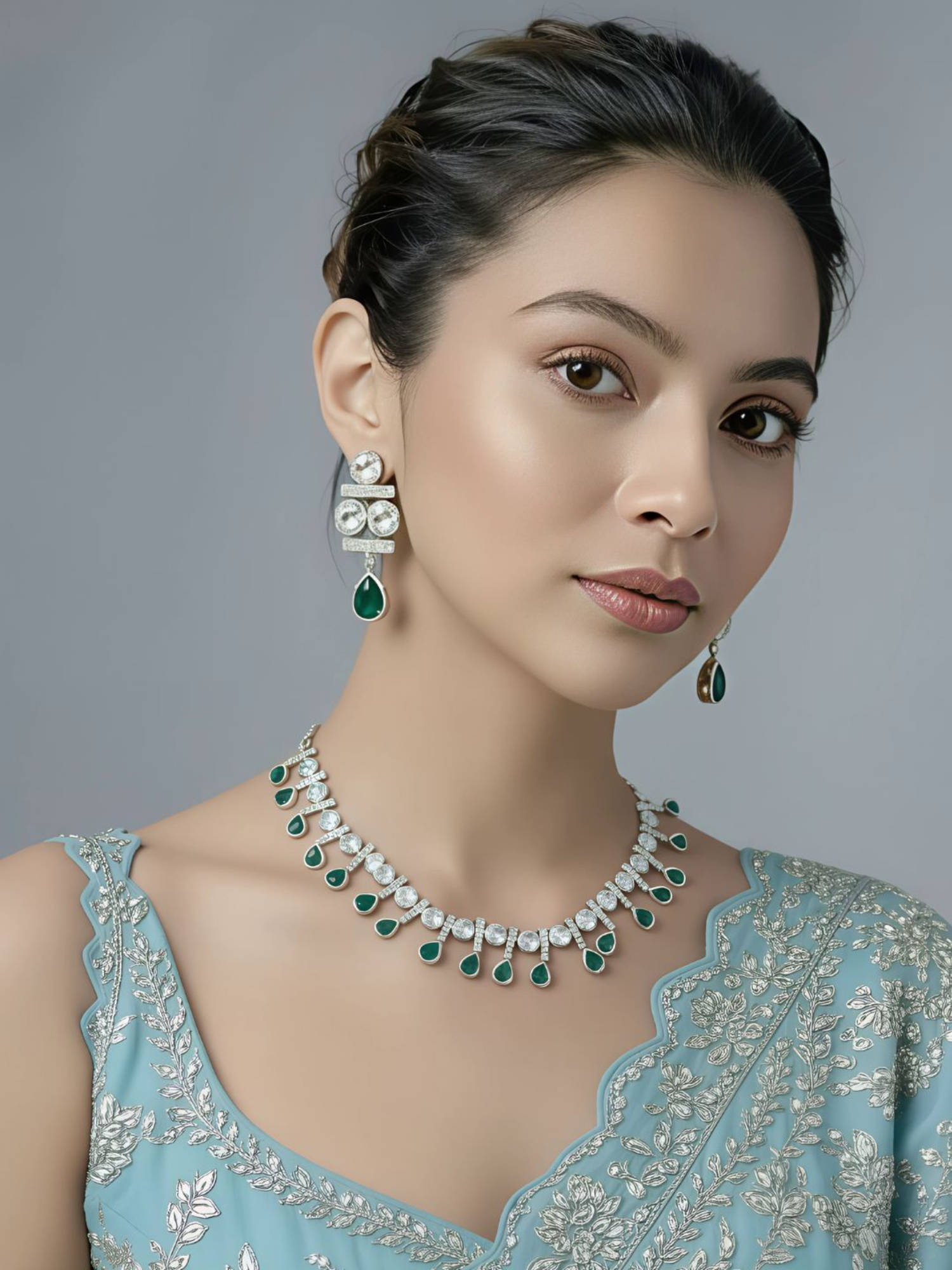 Auraa Trends Emerald Drop Diamond-Inspired Necklace And Earrings Set