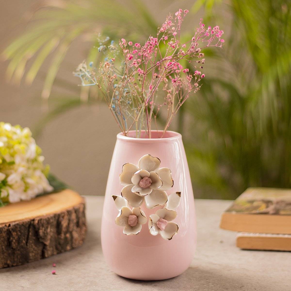Voncasa Pink Ceramic Vase - Engraved Floral Pattern, Flower Holder