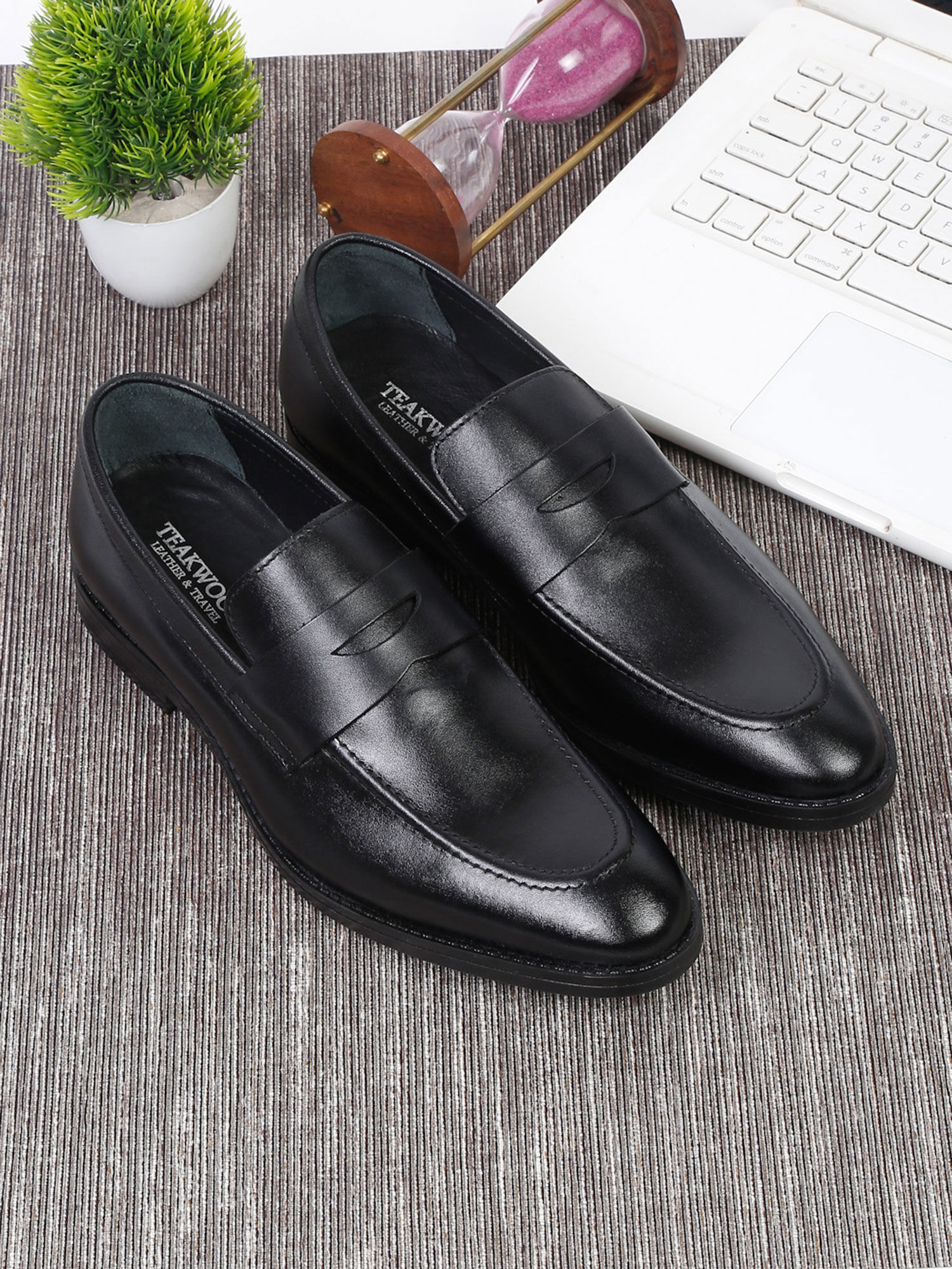 Buy Teakwood Men Black Solid Leather Formal Slip on Shoes Online