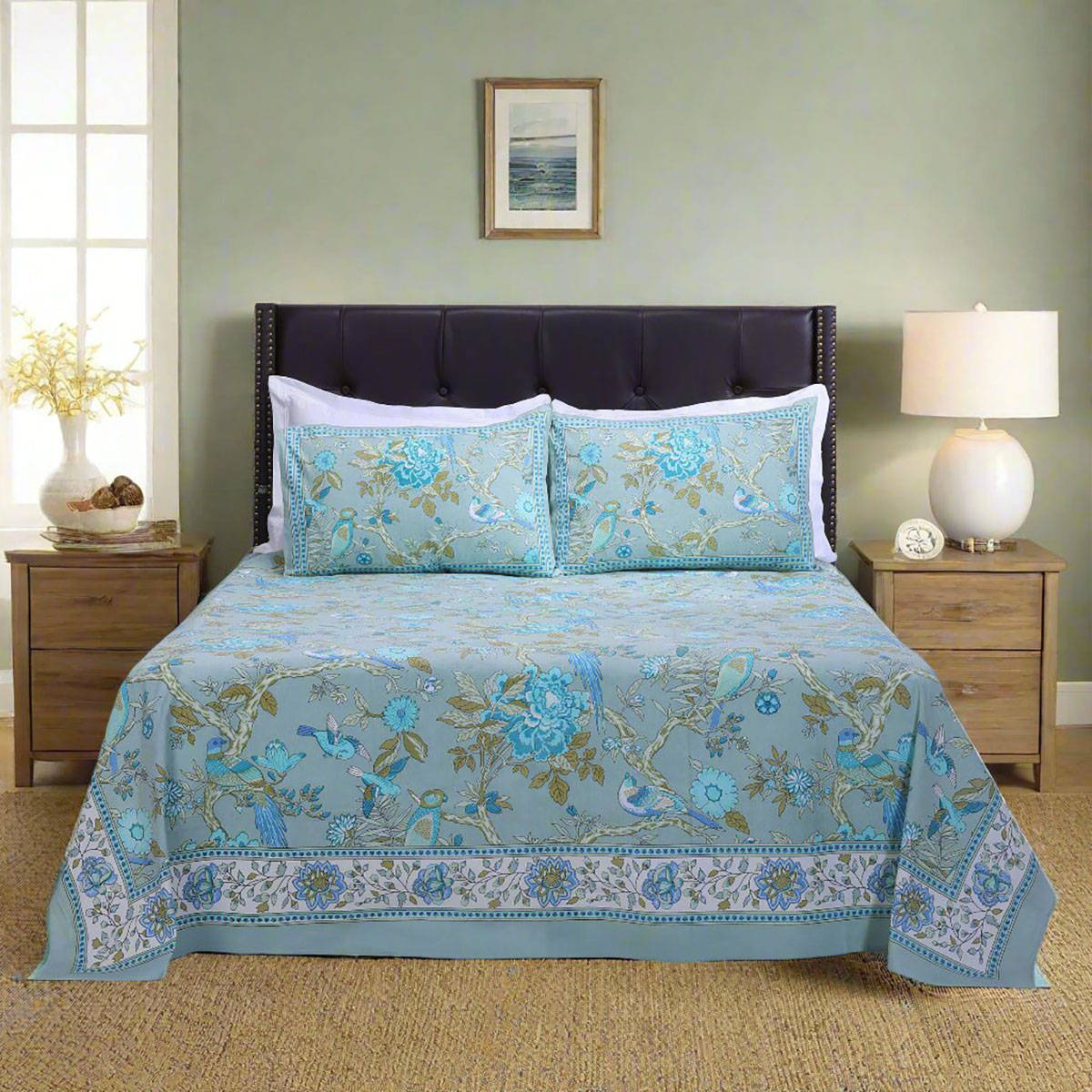 Shahenaz Rama Paisley Blue Cotton Luxury Bedsheet with 2 Pillow Covers (Queen)