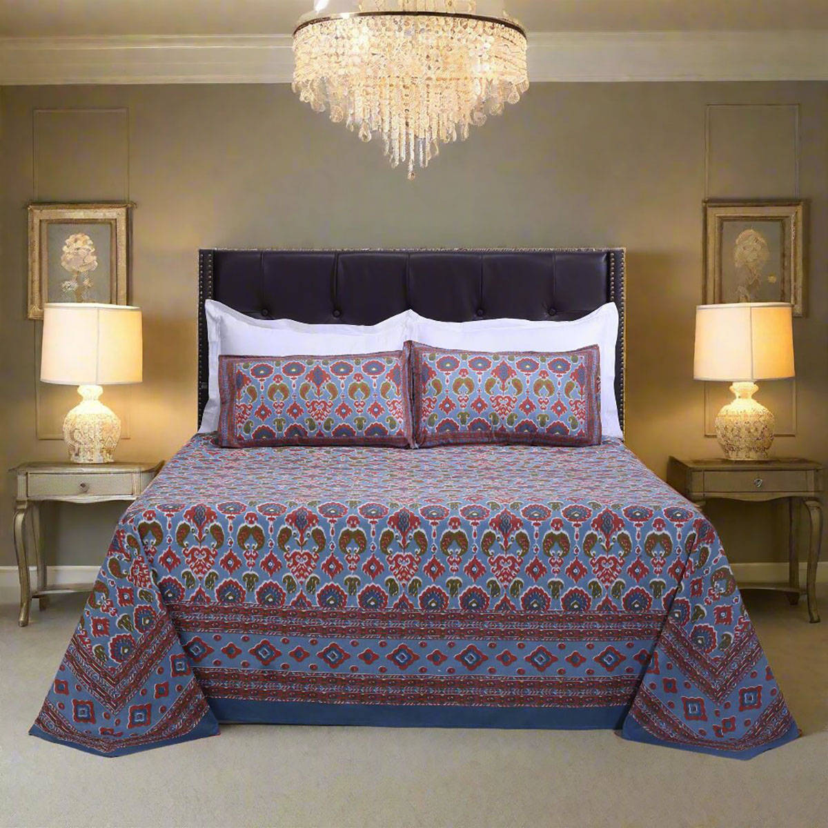 Shahenaz Mahi Ikat Blue Cotton Bedsheet with 2 Pillow Covers (King)
