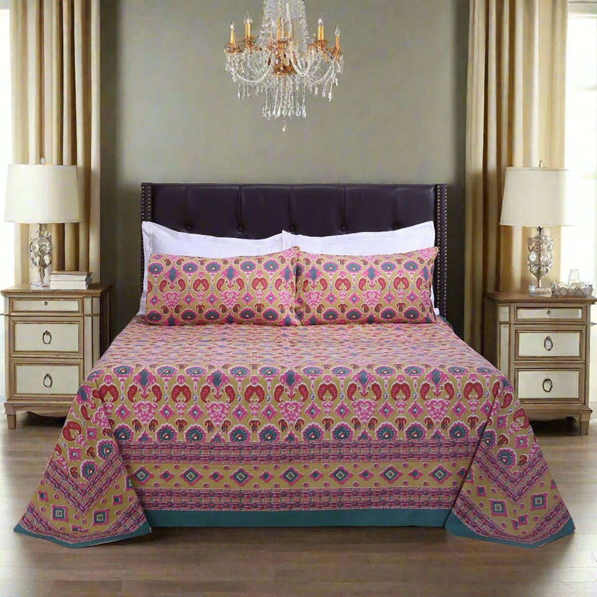 Shahenaz Mahi Ikat Green Cotton Bedsheet with 2 Pillow Covers (King)