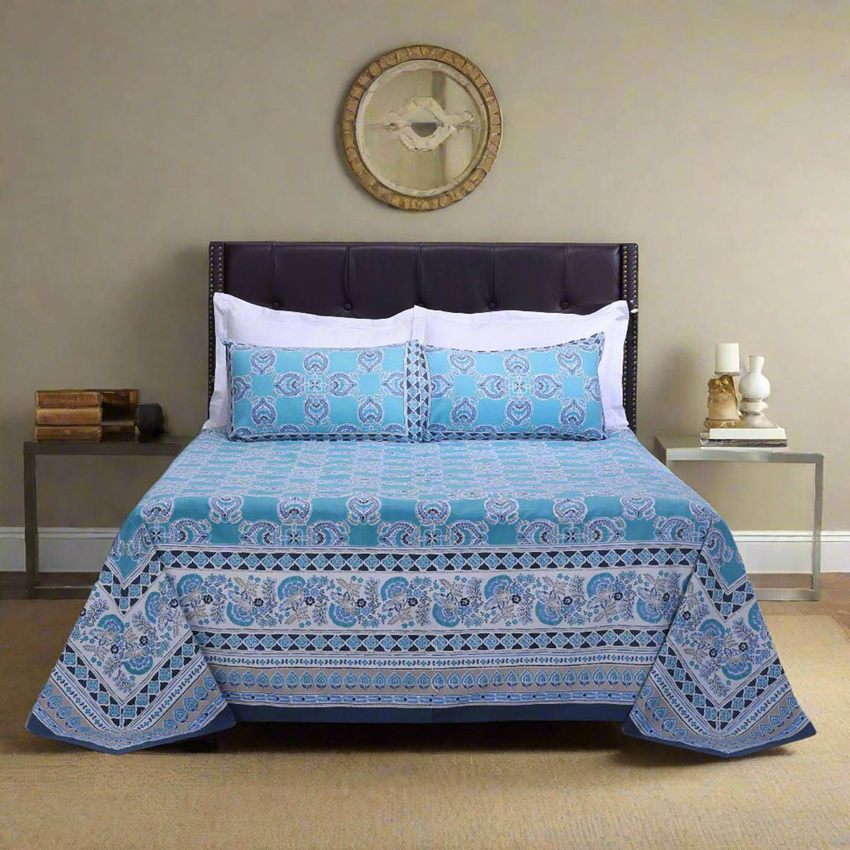 Shahenaz Azia Floral Blue Cotton Bedsheet with 2 Pillow Covers (King)
