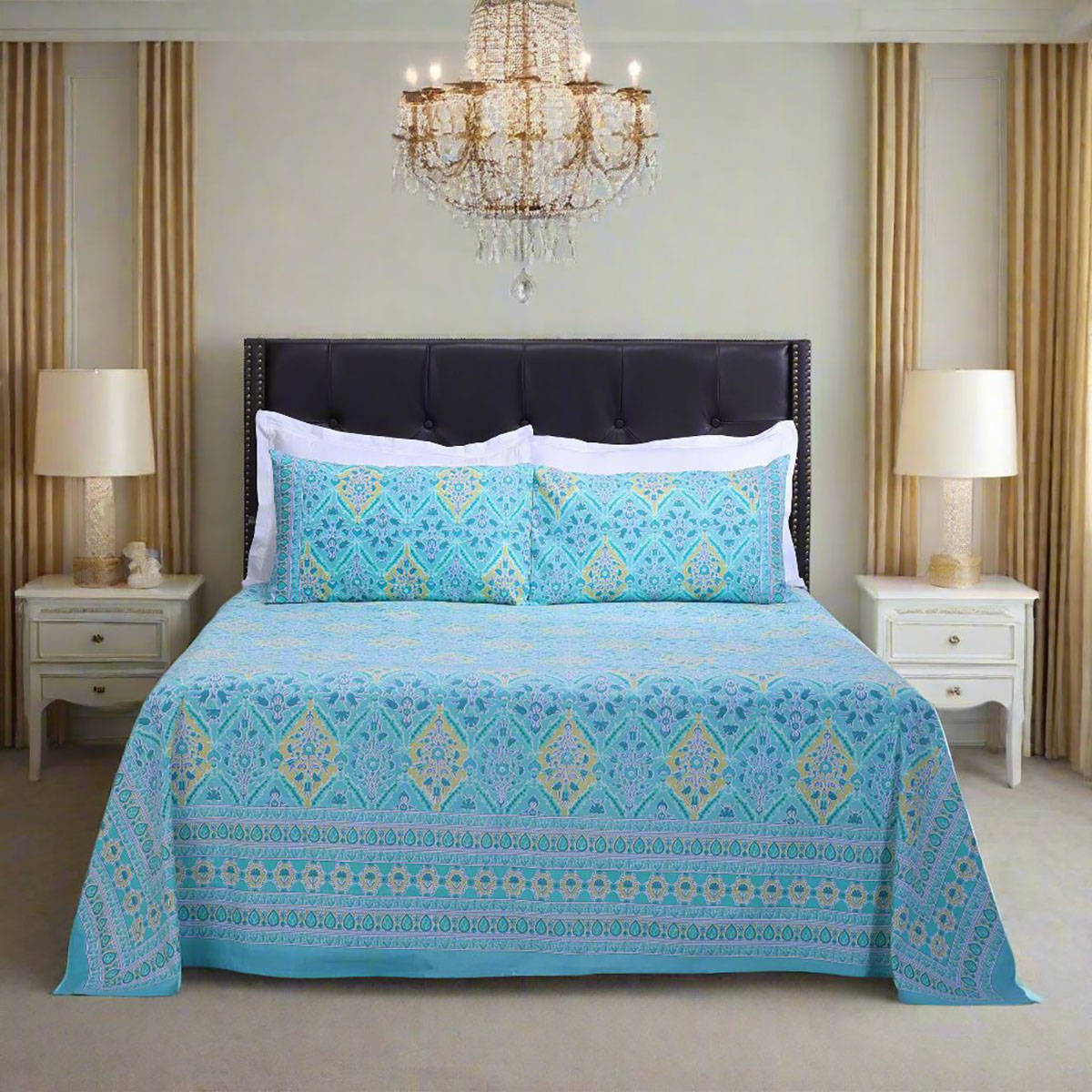 Shahenaz Kalindi Jaal Turquoise Cotton Bedsheet with 2 Pillow Covers (Queen)