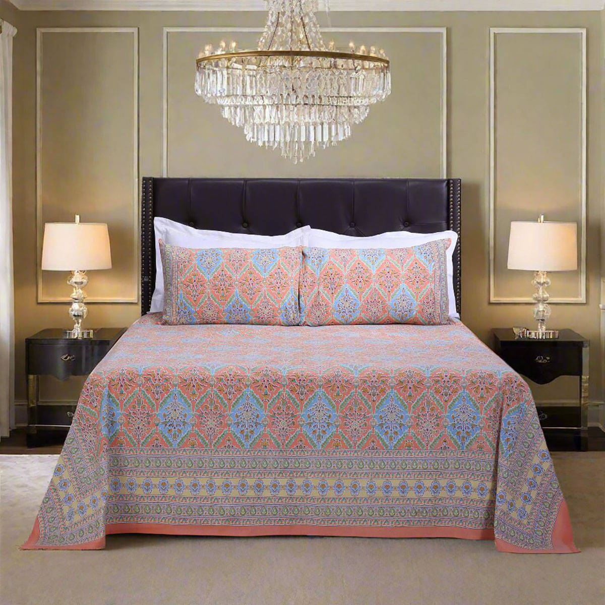 Shahenaz Kalindi Jaal Orange Cotton Luxury Bedsheet with 2 Pillow Covers (Queen)