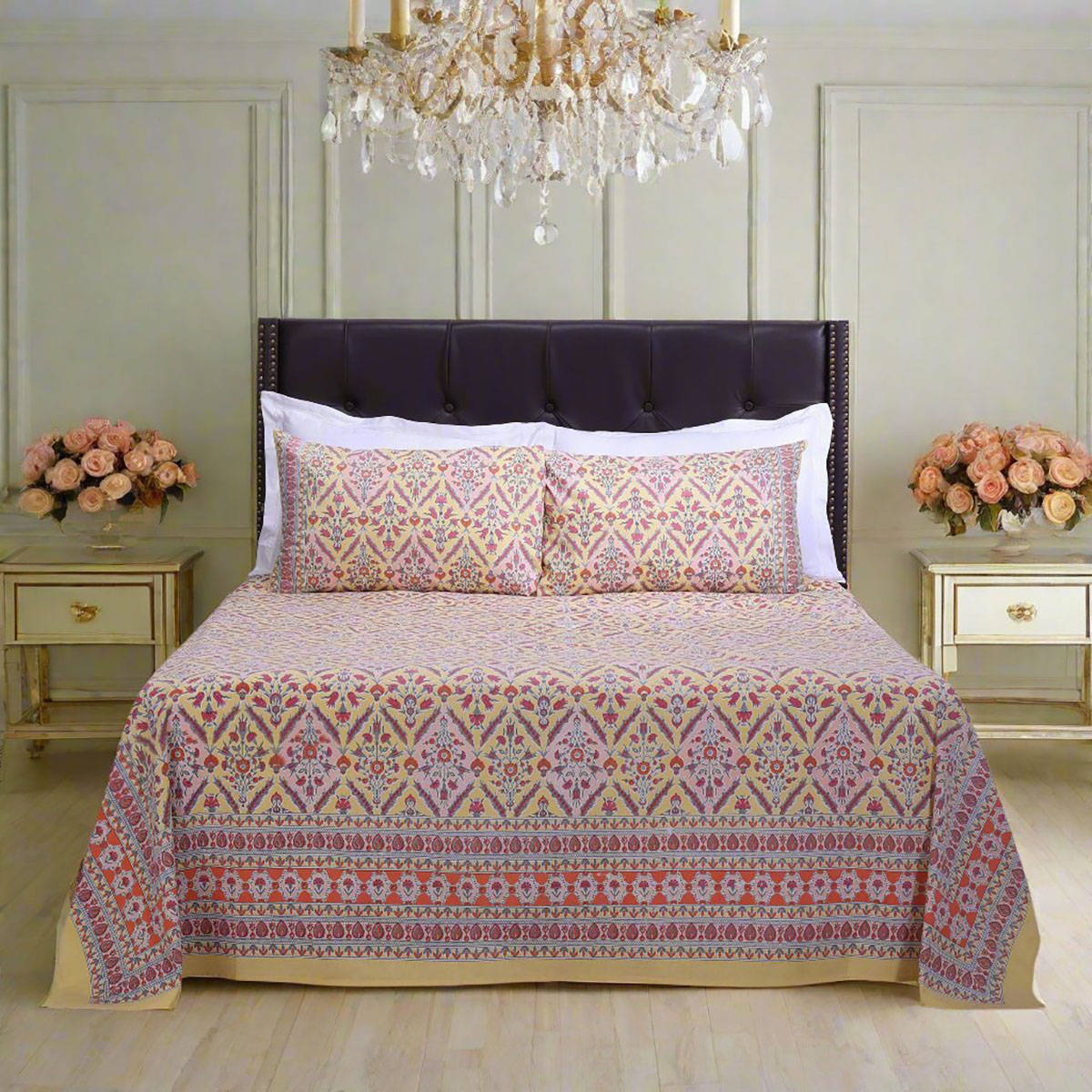 Shahenaz Kalindi Jaal Mustard Cotton Bedsheet with 2 Pillow Covers (Queen)