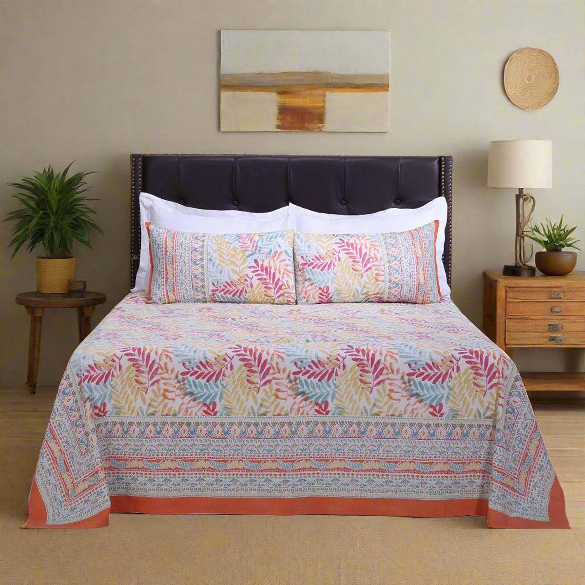 Shahenaz French Leaves Orange Cotton Bedsheet with 2 Pillow Covers (Queen)