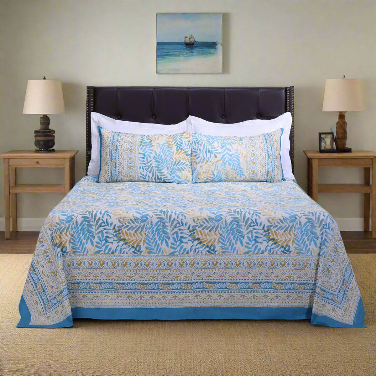 Shahenaz French Leaves Turquoise Cotton Bedsheet with 2 Pillow Covers (Queen)