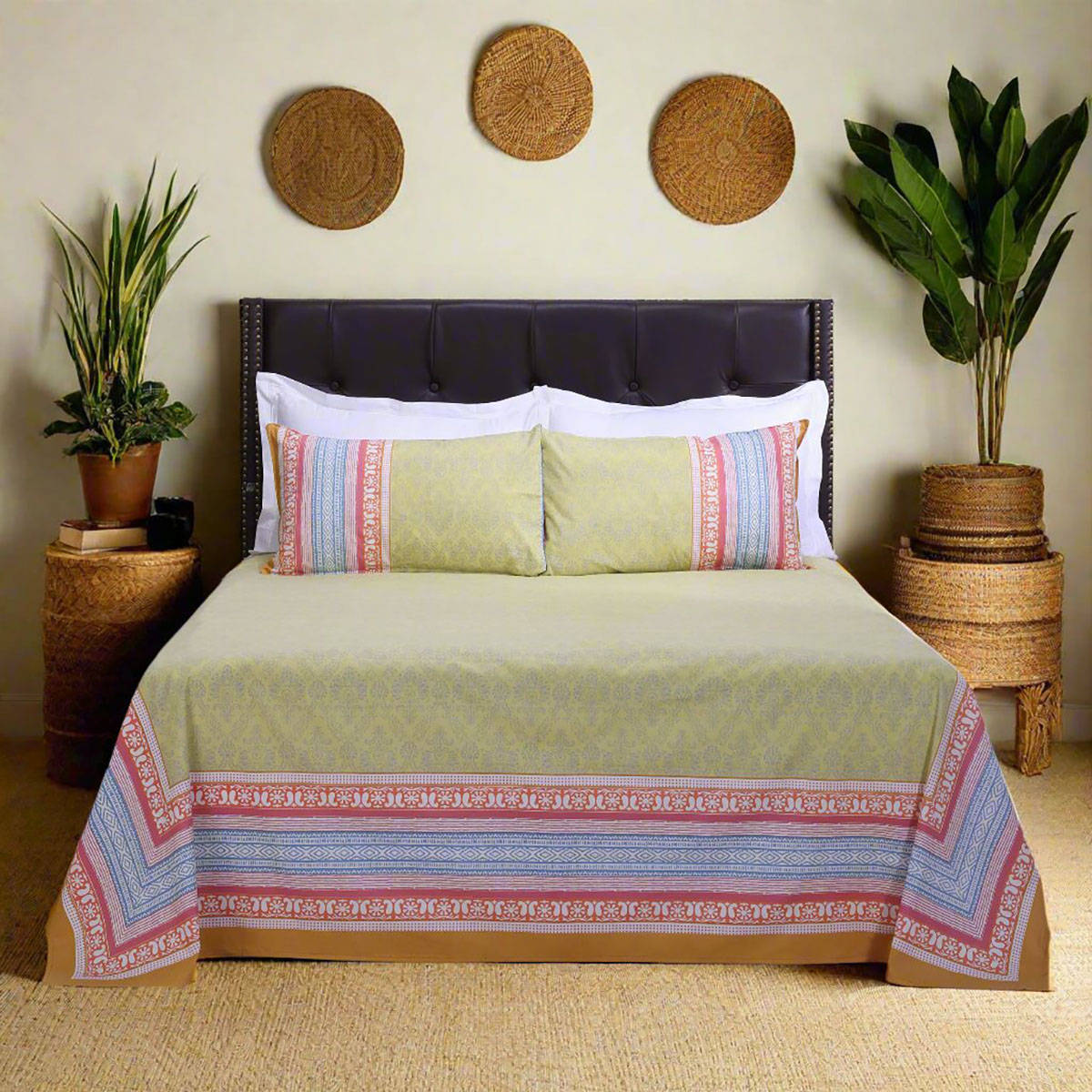 Shahenaz Madhuban Paisley Olive Cotton Bedsheet with 2 Pillow Covers (Queen)