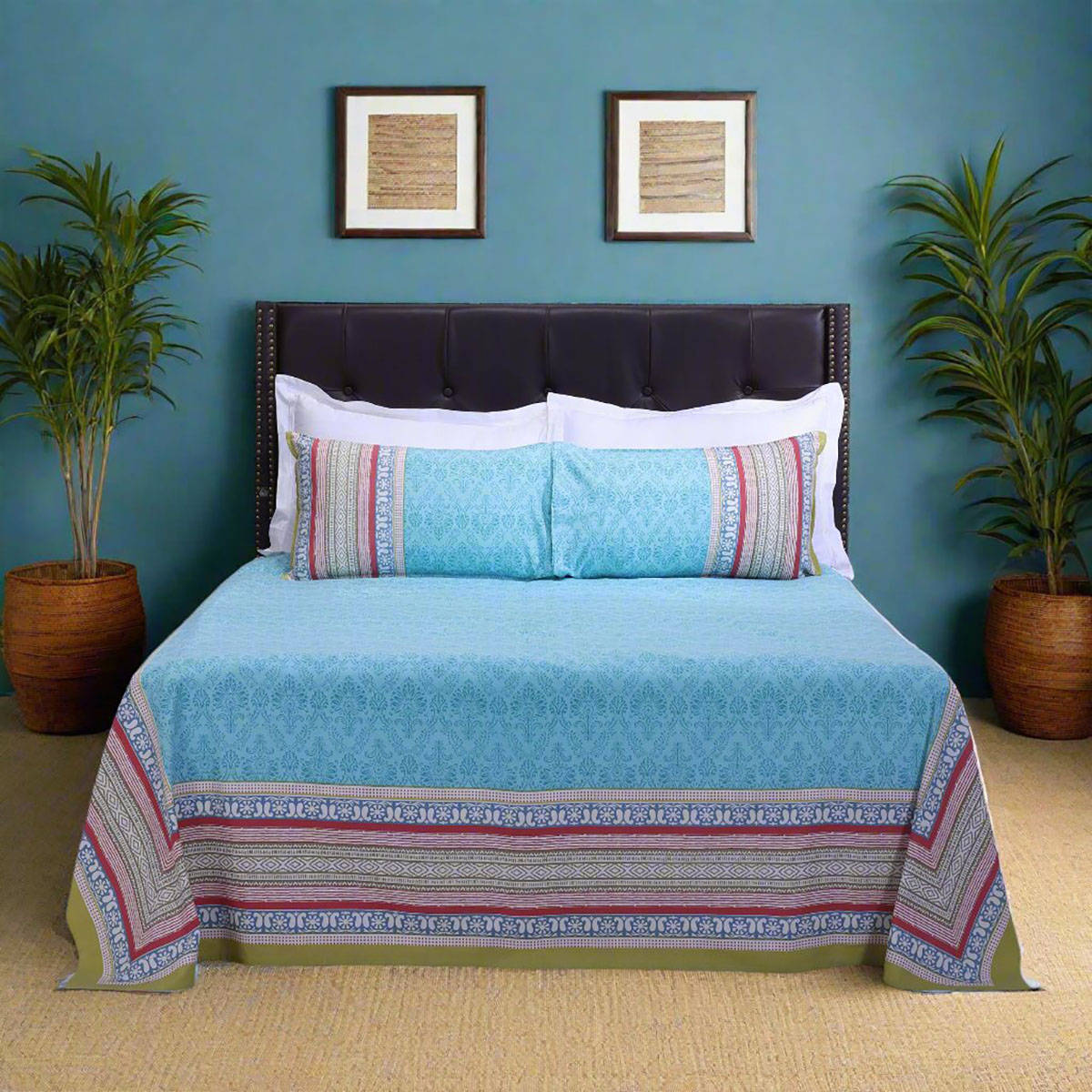 Shahenaz Madhuban Paisley Blue Cotton Bedsheet with 2 Pillow Covers (Queen)