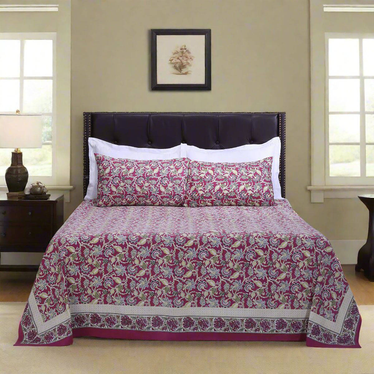 Shahenaz Maurya Jaal Purple Cotton Bedsheet with 2 Pillow Covers (Queen)