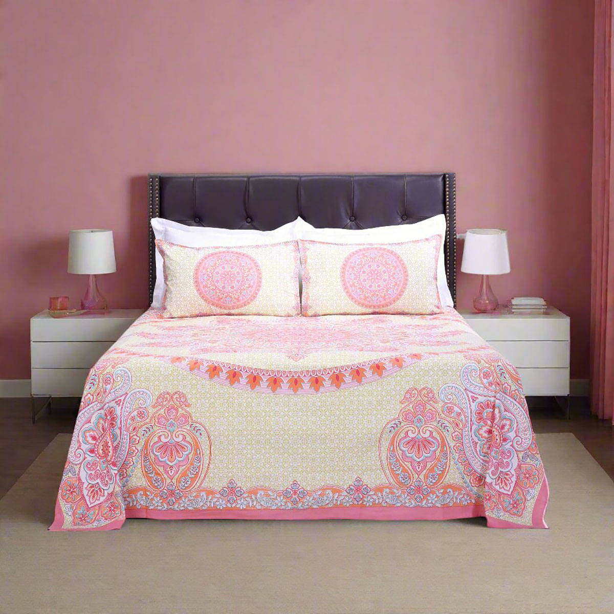 Shahenaz Royal Mandala Pink Cotton Bedsheet with 2 Pillow Covers (Queen)