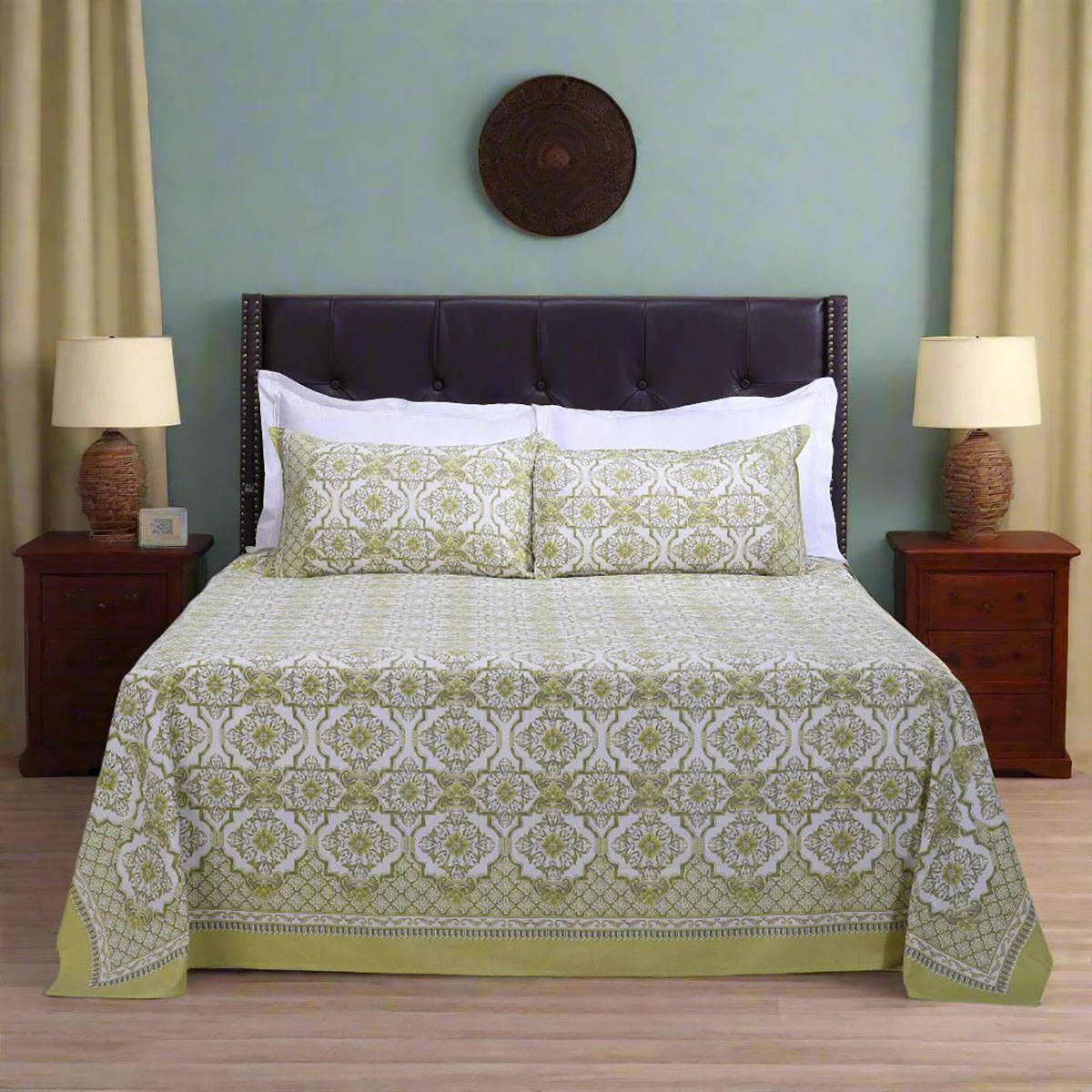 Shahenaz Nandini Olive Cotton Bedsheet with 2 Pillow Covers (Queen)