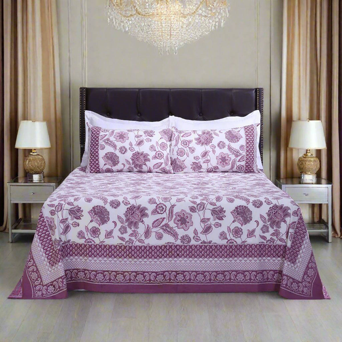 Shahenaz Malaga Chintz Purple Cotton Bedsheet with 2 Pillow Covers (Queen)