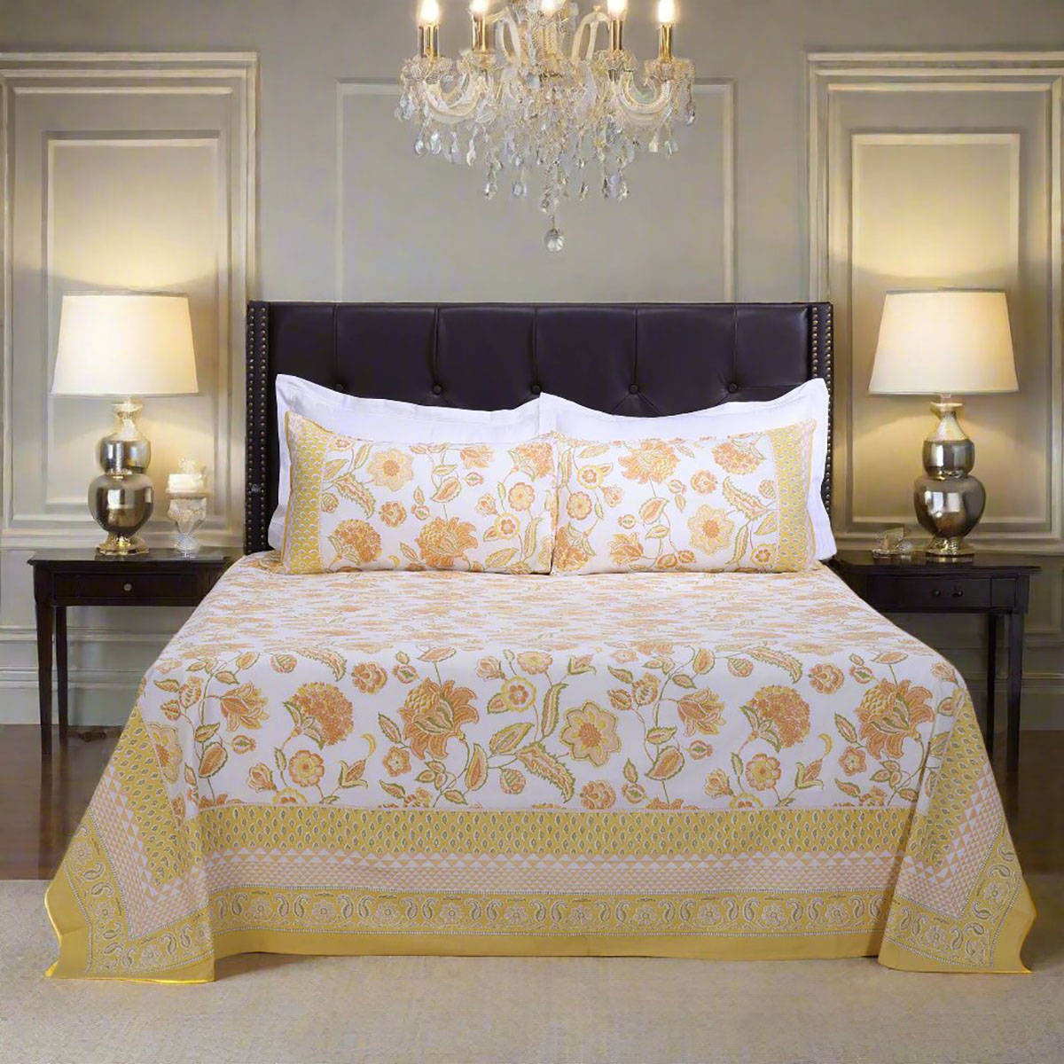 Shahenaz Malaga Chintz Yellow Cotton Bedsheet with 2 Pillow Covers (Queen)