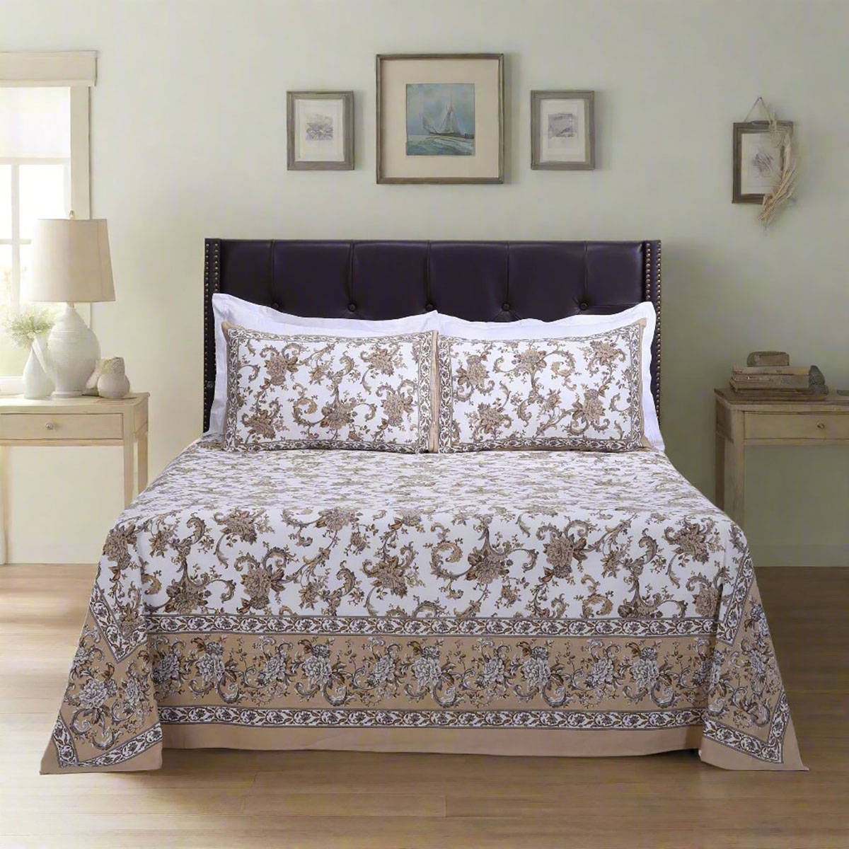 Shahenaz Rama Victoria Jaal Beige Cotton Bedsheet with 2 Pillow Covers (Queen)