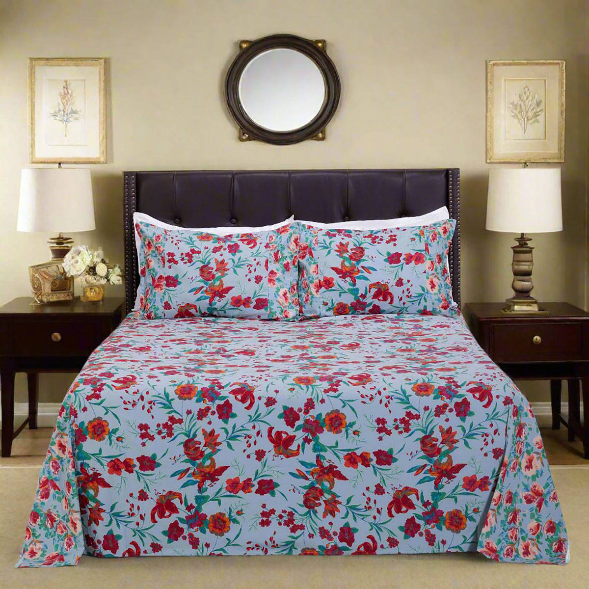 Shahenaz Lily Bagh Sky Blue Cotton Luxury Bedsheet with 2 Pillow Covers (Queen)