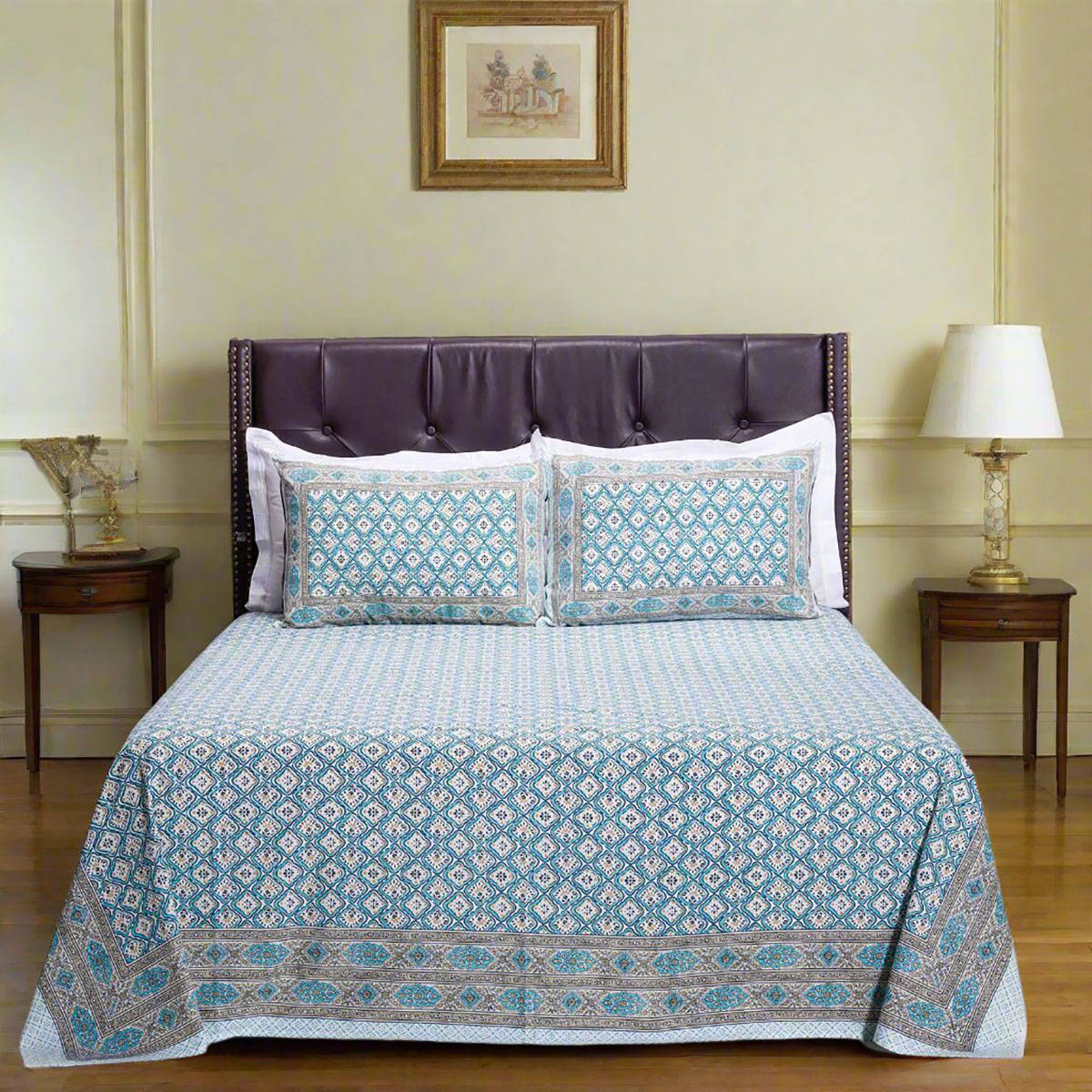 Shahenaz Alice Checks Turquoise Cotton Luxury Bedsheet with 2 Pillow Covers (Queen)