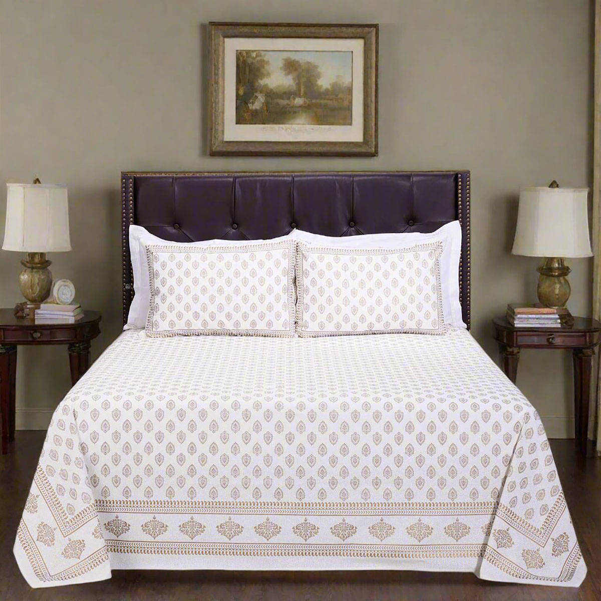 Shahenaz Pastel Jameela Booti White Cotton Luxury Bedsheet with 2 Pillow Covers (Queen)
