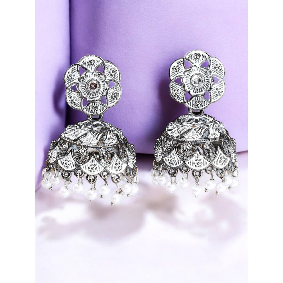 OOMPH Oxidised Silver Large Jhumka Earrings - White Meenakari Floral Design