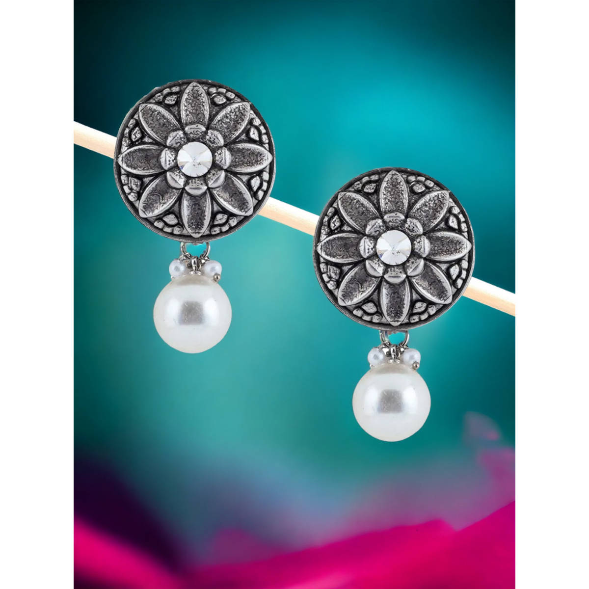 OOMPH Oxidised Silver Ethnic Drop Earrings - Silver Round Shape With Pearls