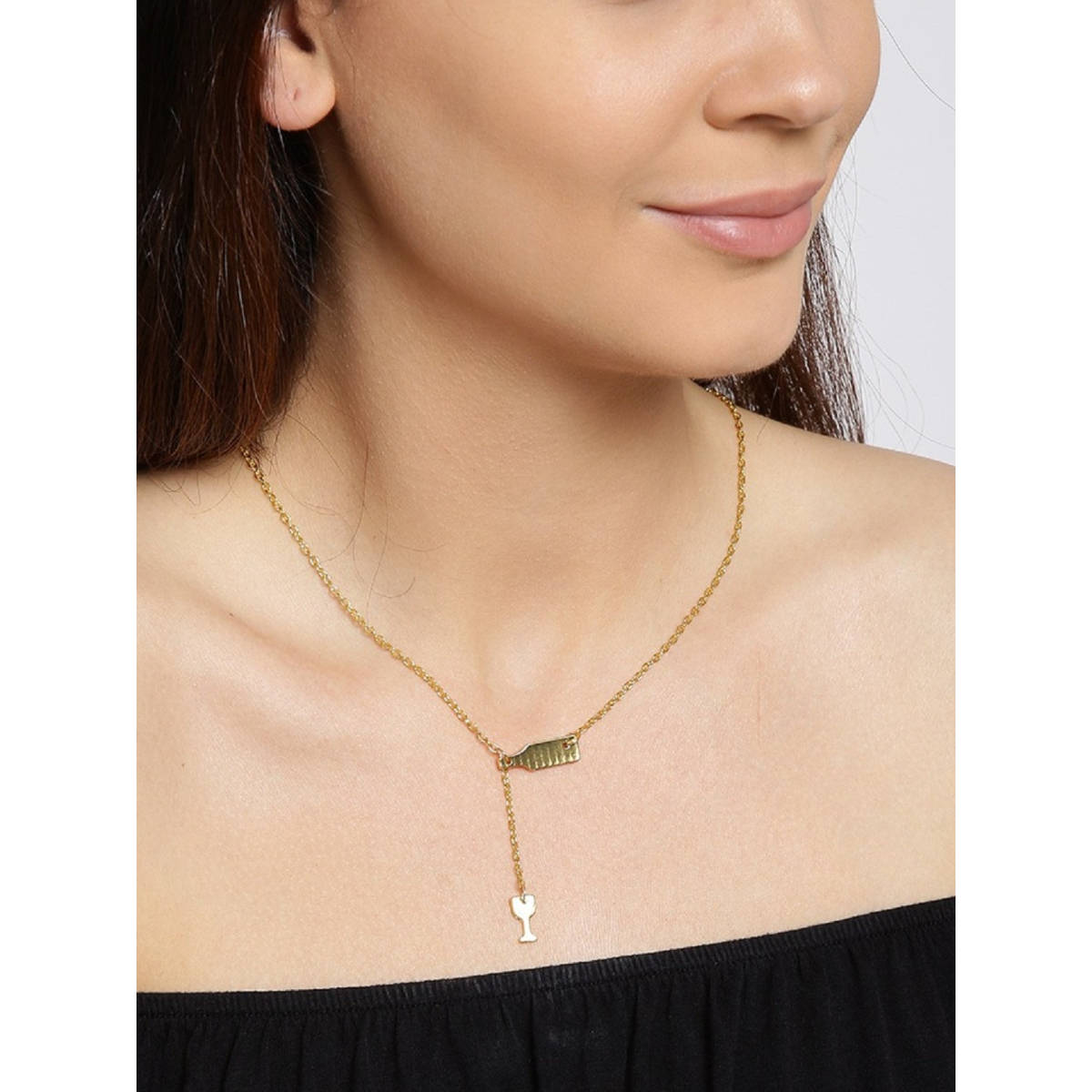 OOMPH Gold Tone Whine Glass And Bottle Lariat Delicate Fashion Necklace