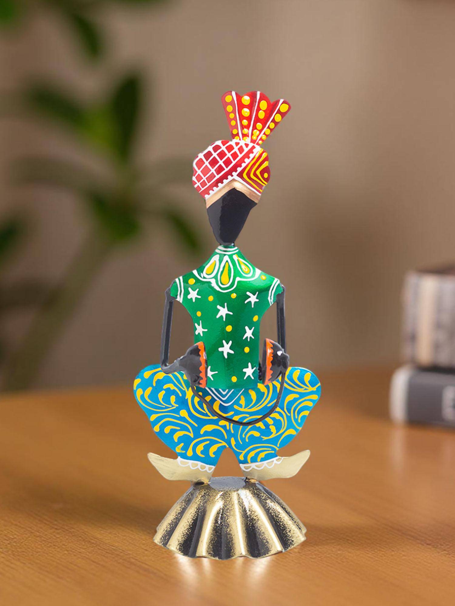 Golden Peacock Blue Hand-Painted & Handcrafted Tribal Metal Showpiece
