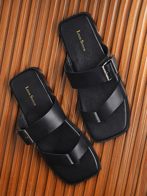 Buy Jet Black Open Toe Lightweight T-Strap Leather Sandal with