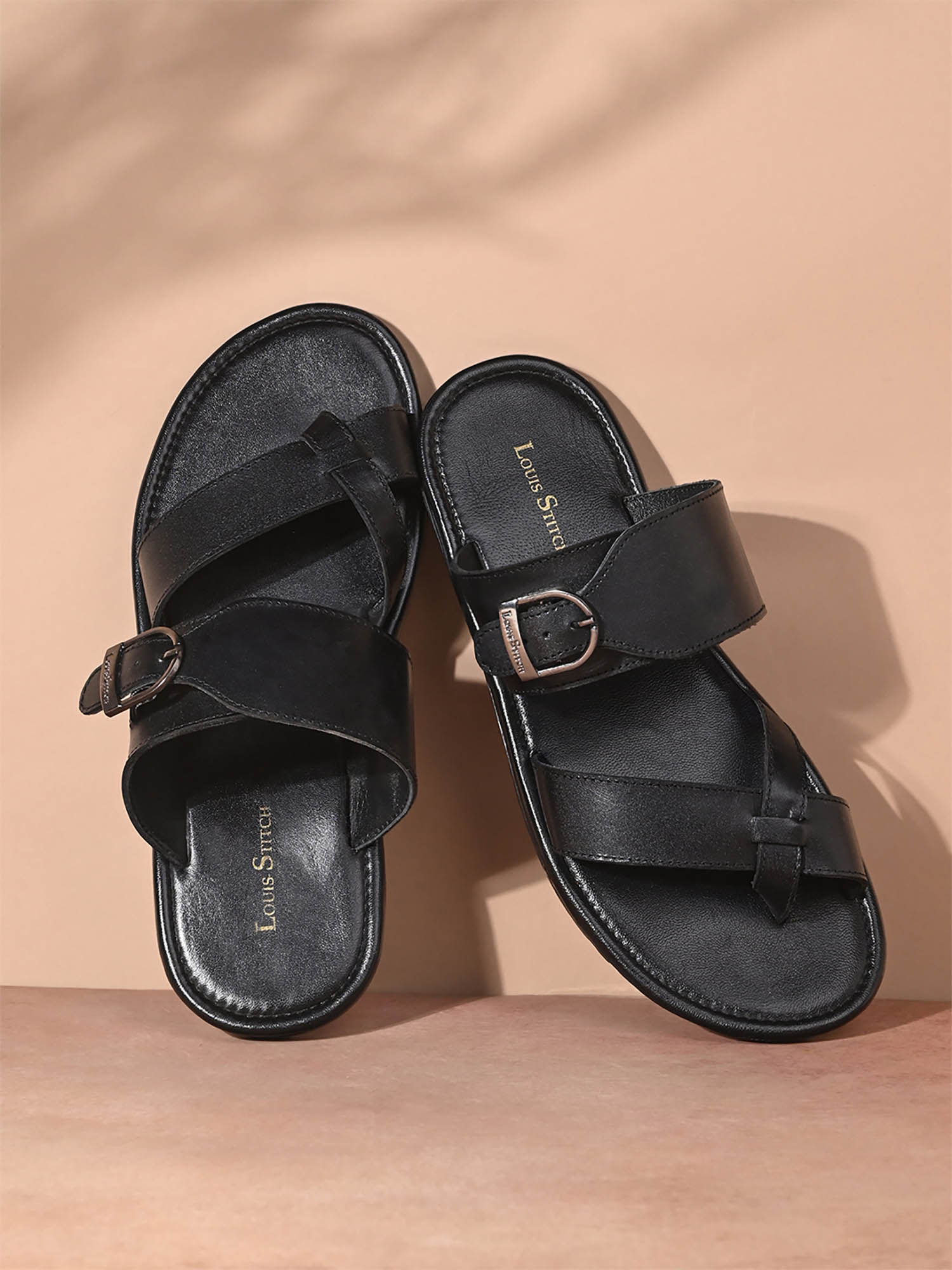 Buy Jet Black Lightweight Open Toe Leather Sandal with Adjustable