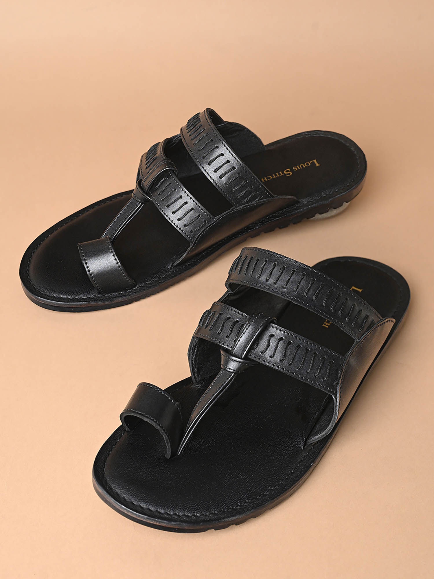Buy Jet Black Kolhapuri Style Lightweight Toe Ring Leather Sandal