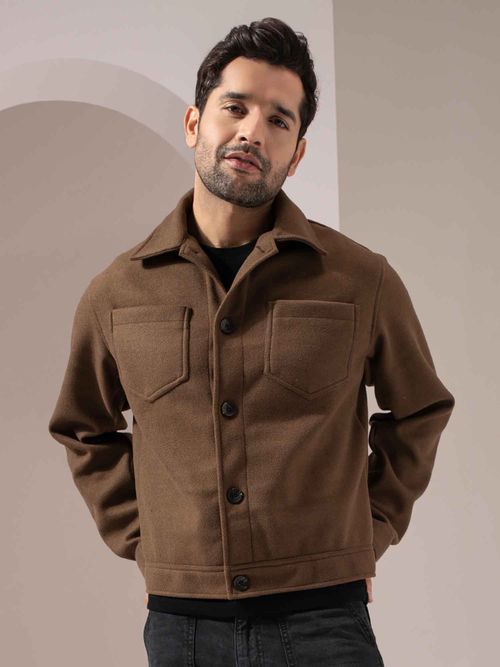 Perch Men Brown Solid Felt Two Pockets Crop Jacket