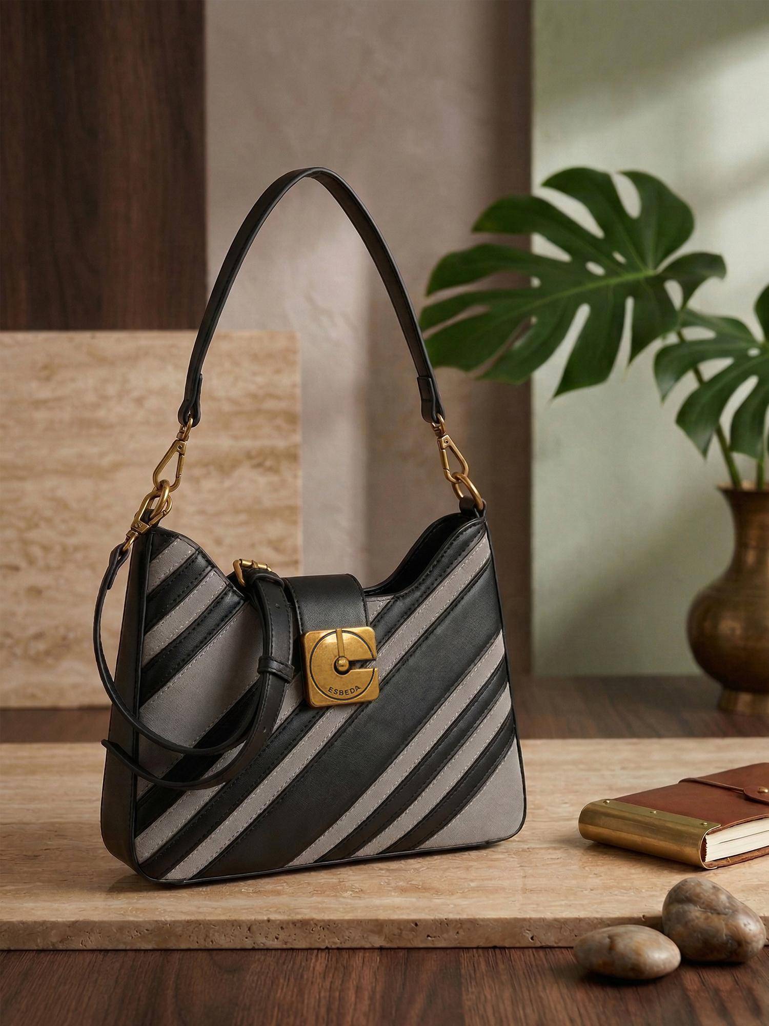 ESBEDA Grey Bliss Stripe Sling Bag with Detachable Strap (M)