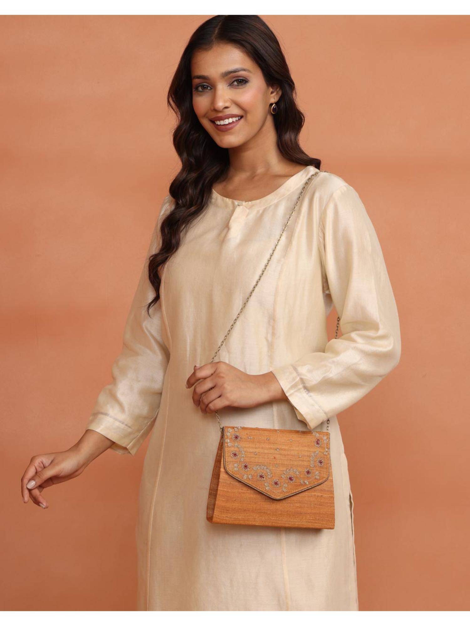 Fabindia Mustard Hand Embroidered Clutch with Detachable Strap (M)