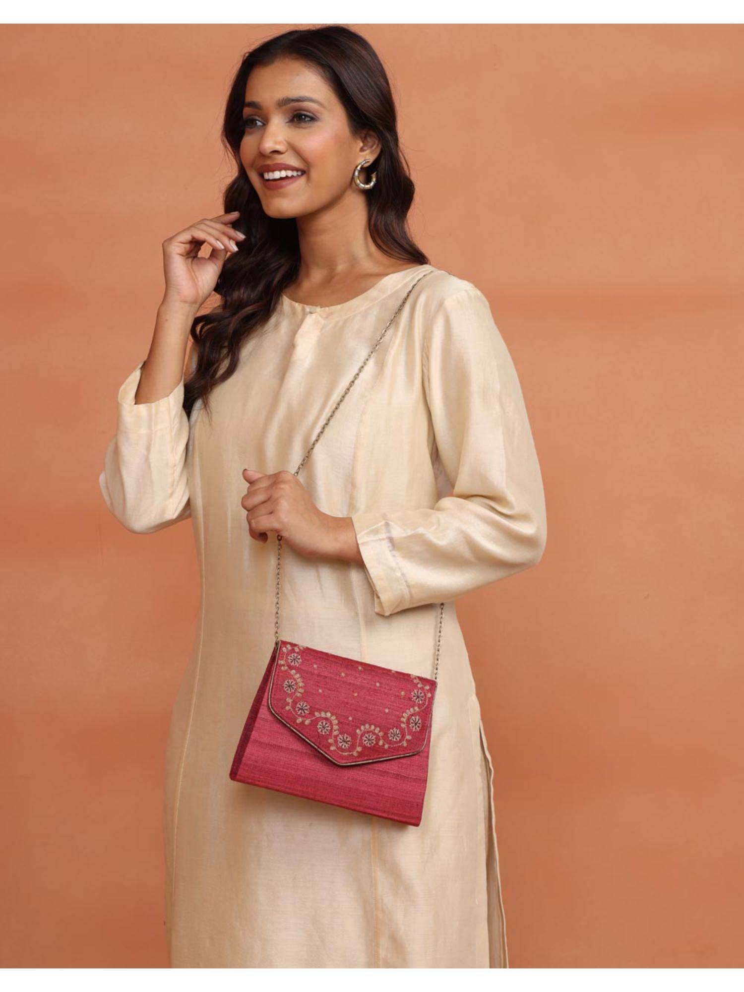 Fabindia Red Hand Embroidered Clutch with Detachable Strap (M)