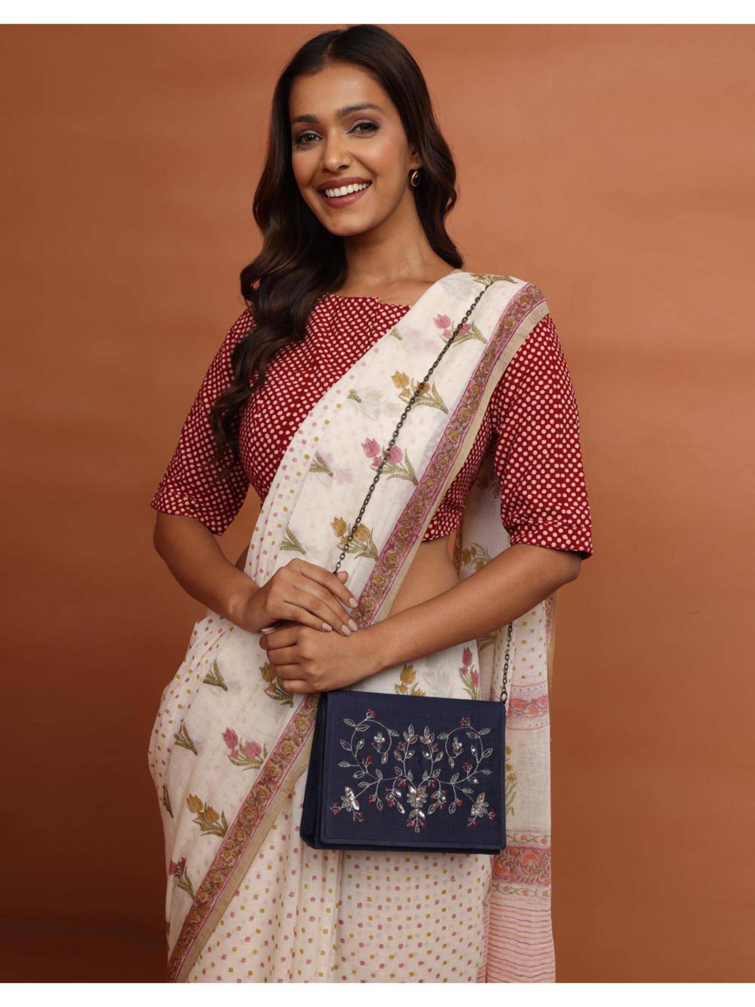 Fabindia Navy Blue Hand Embroidered Clutch with Detachable Strap (L)