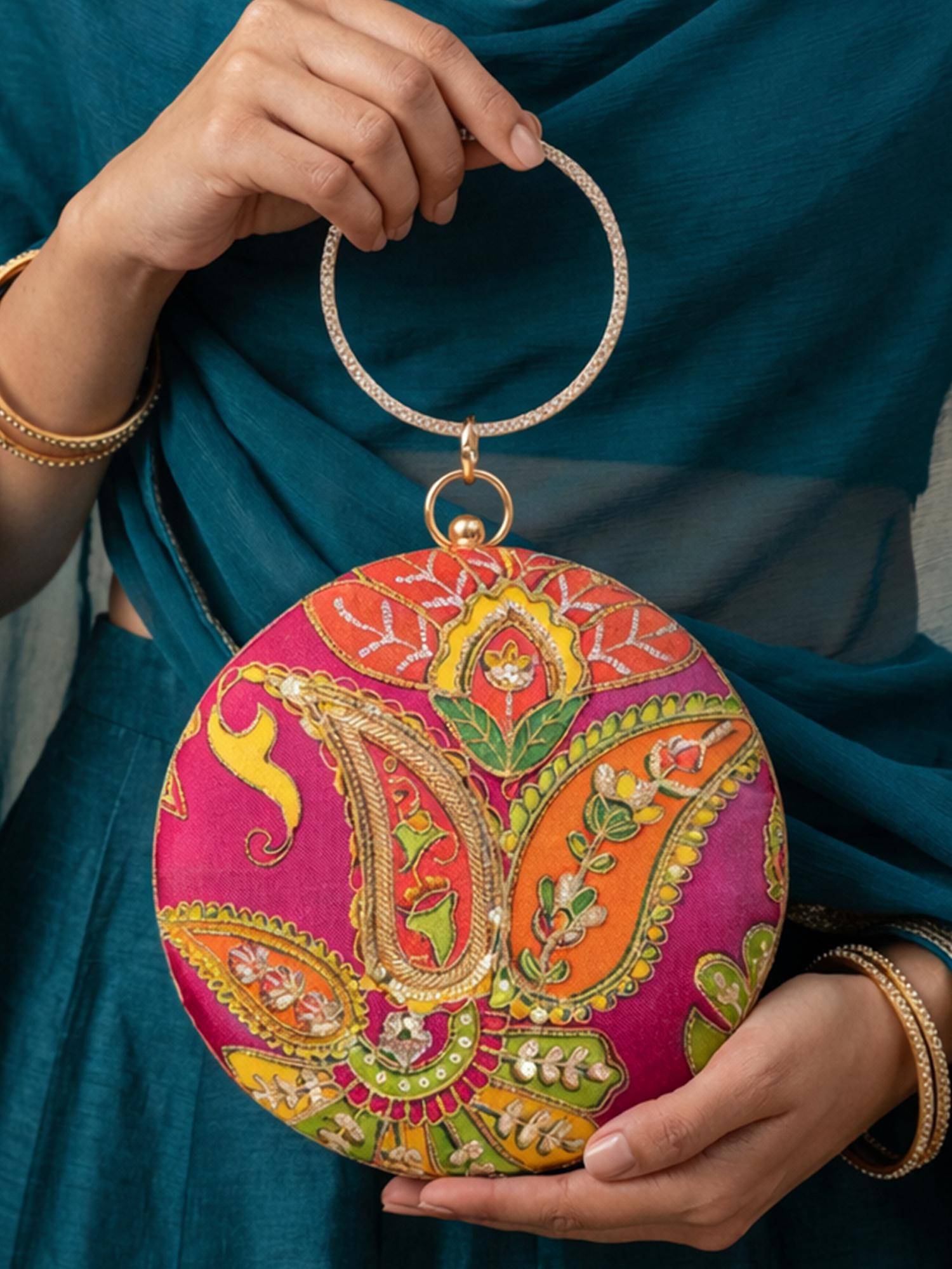 ARTKLIM Pink Ethnic Round Embellished Clutch