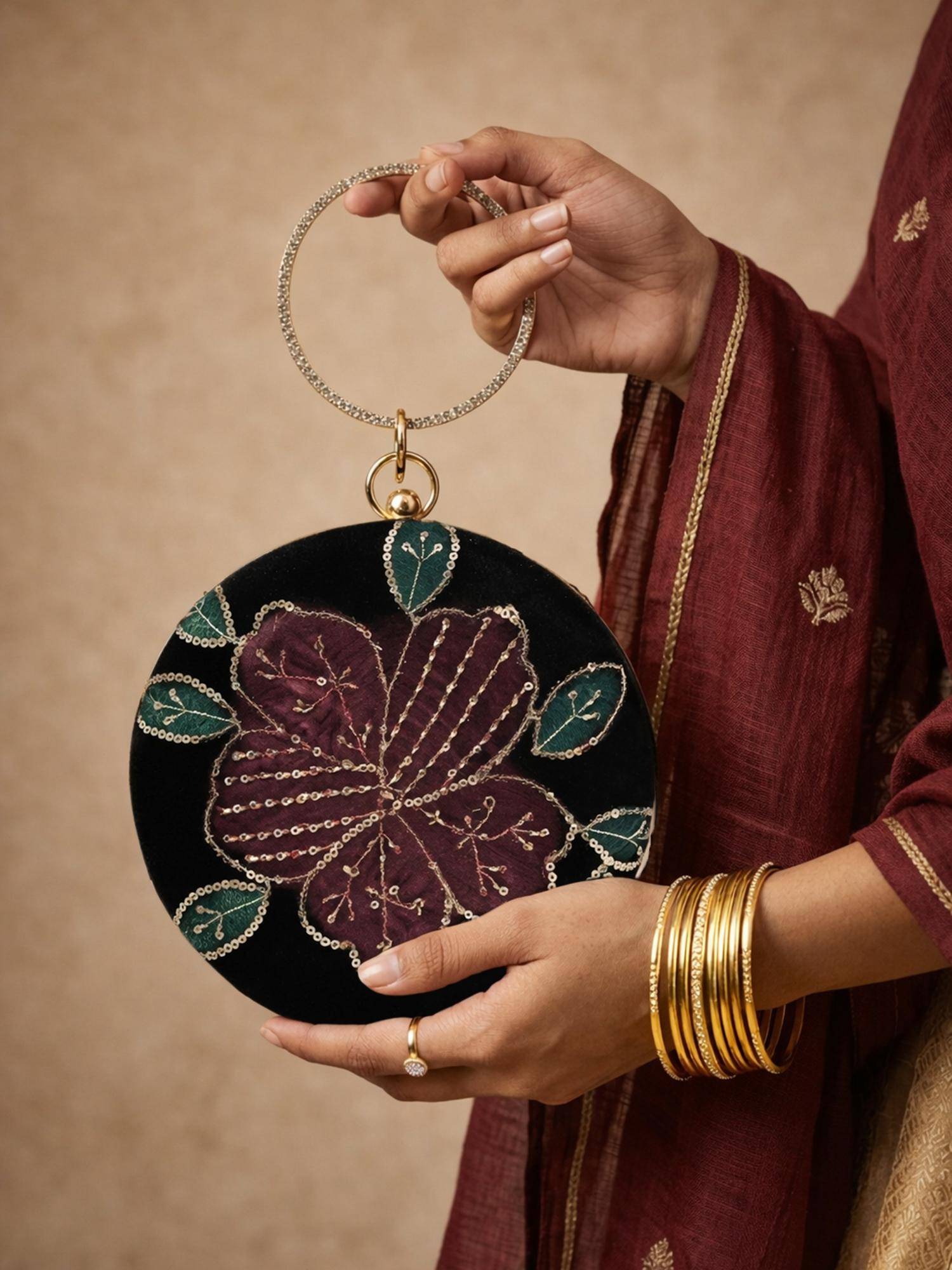 ARTKLIM Black Velvet Floral Embellished Round Clutch