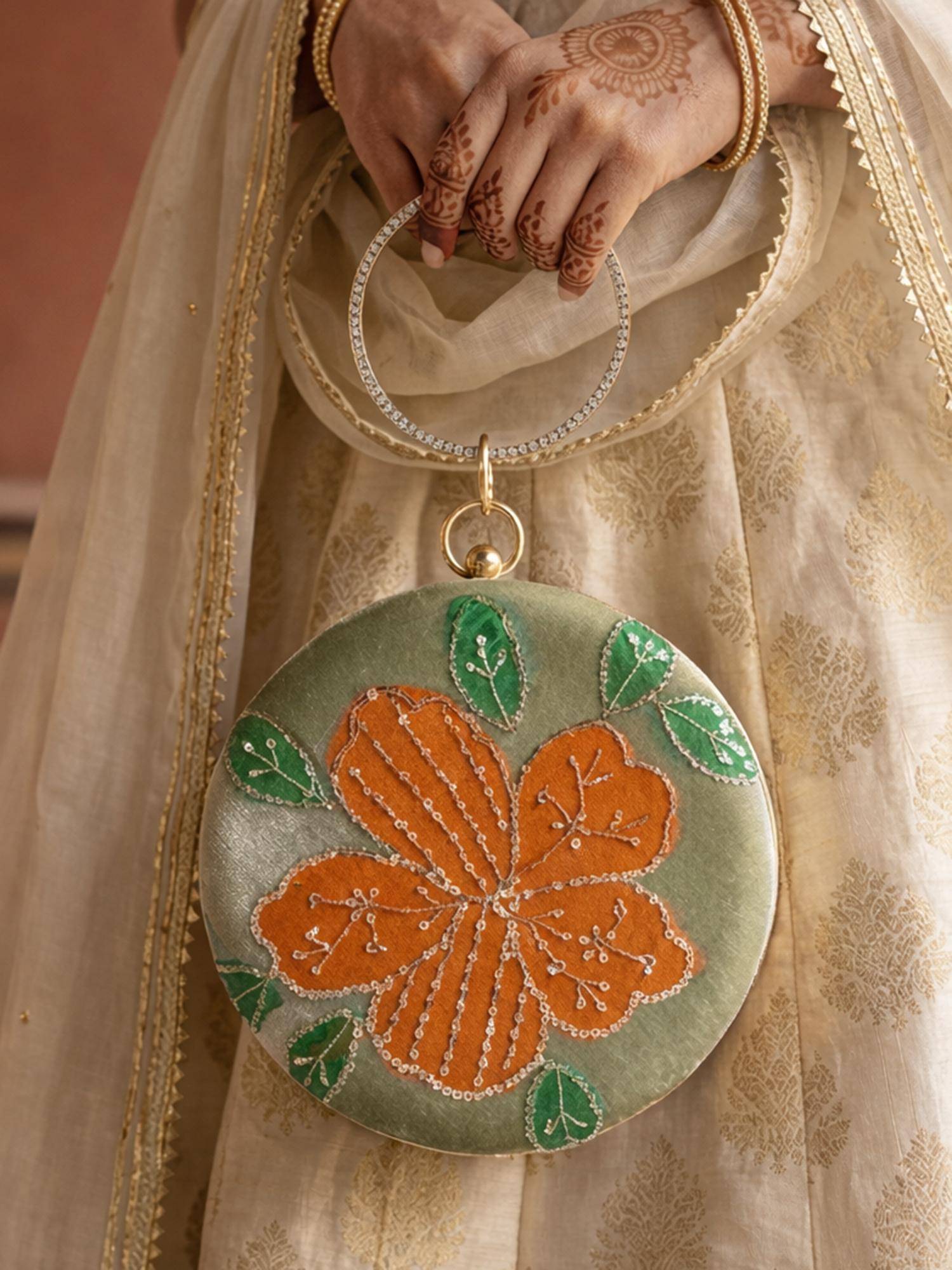 ARTKLIM Sage Blossom Green Satin Floral Embellished Round Clutch