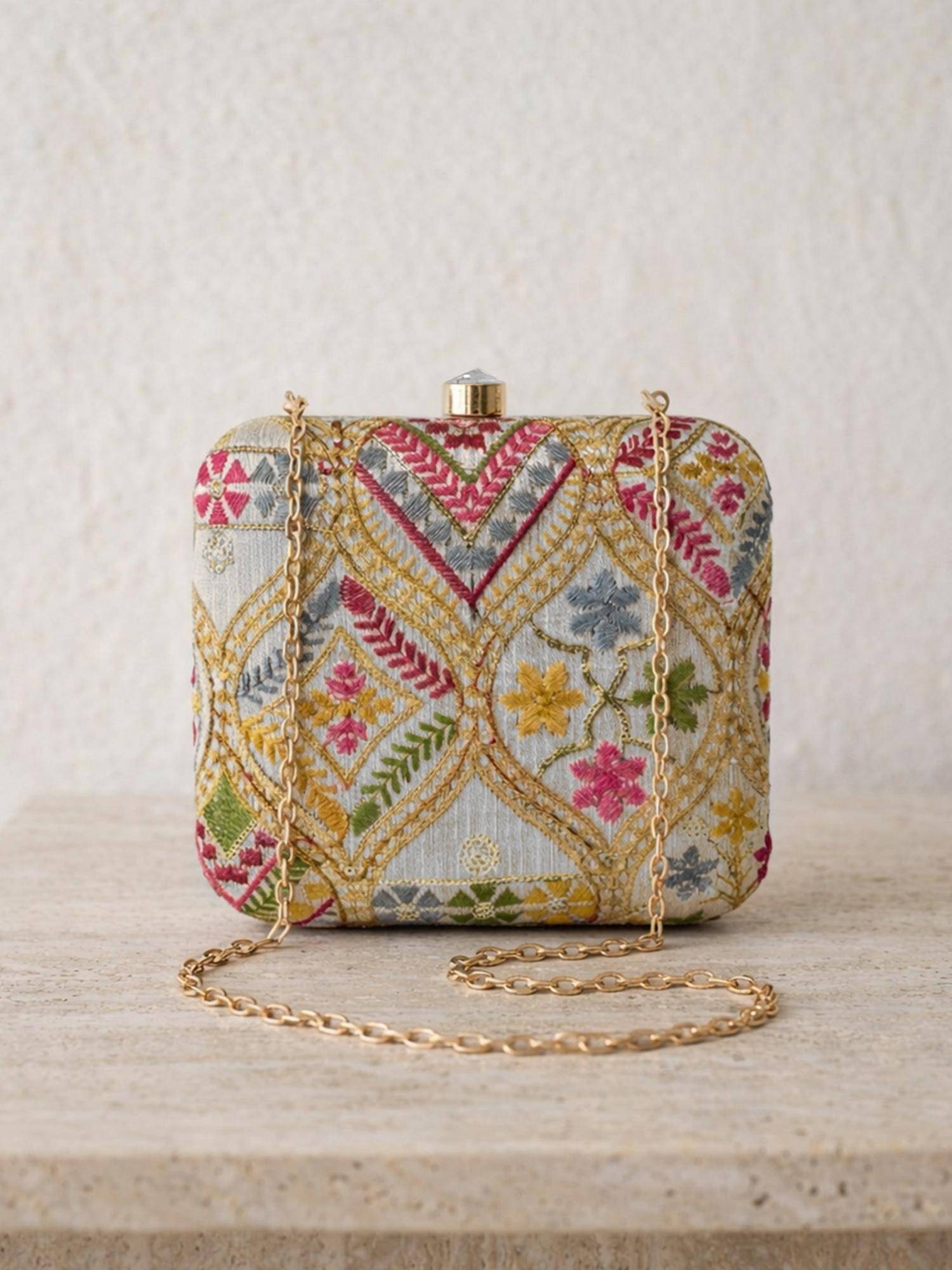 ARTKLIM Elegant White Embroidered Clutch with Detachable Strap