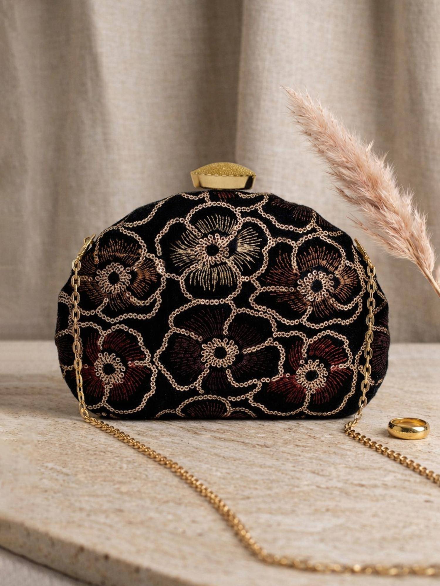 ARTKLIM Elegant Black Floral Embellished Clutch with Detachable Strap