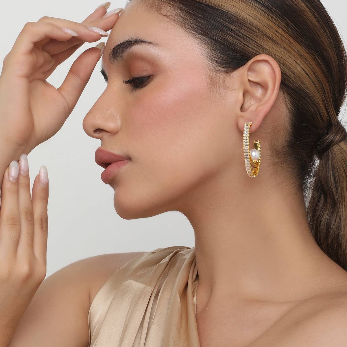 Khushi Jewels Diamond and Pearl Half Hoops Earrings