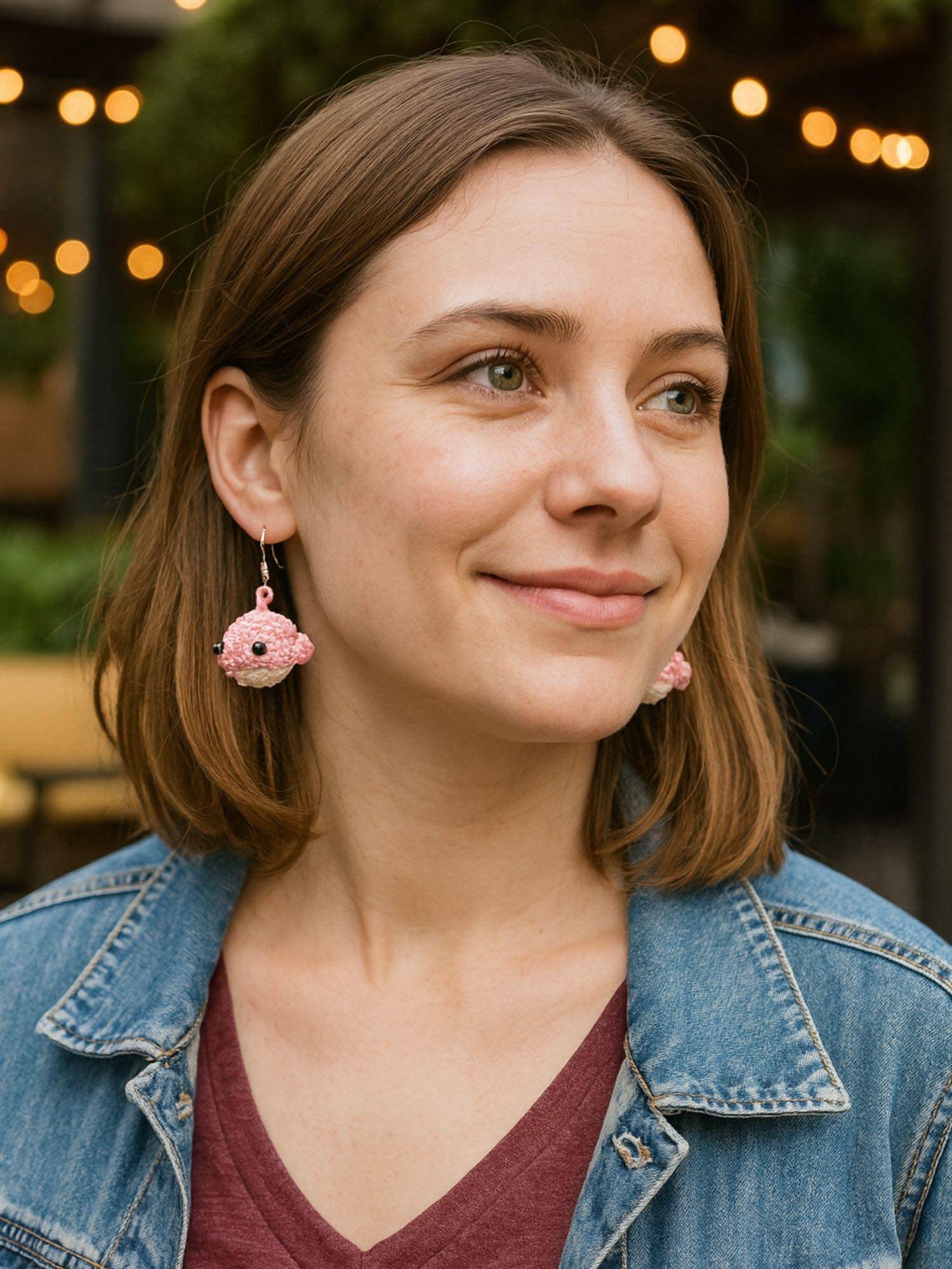 Digital Dress Room Handmade Light Pink Woolen Crochet Whale Drop Earrings