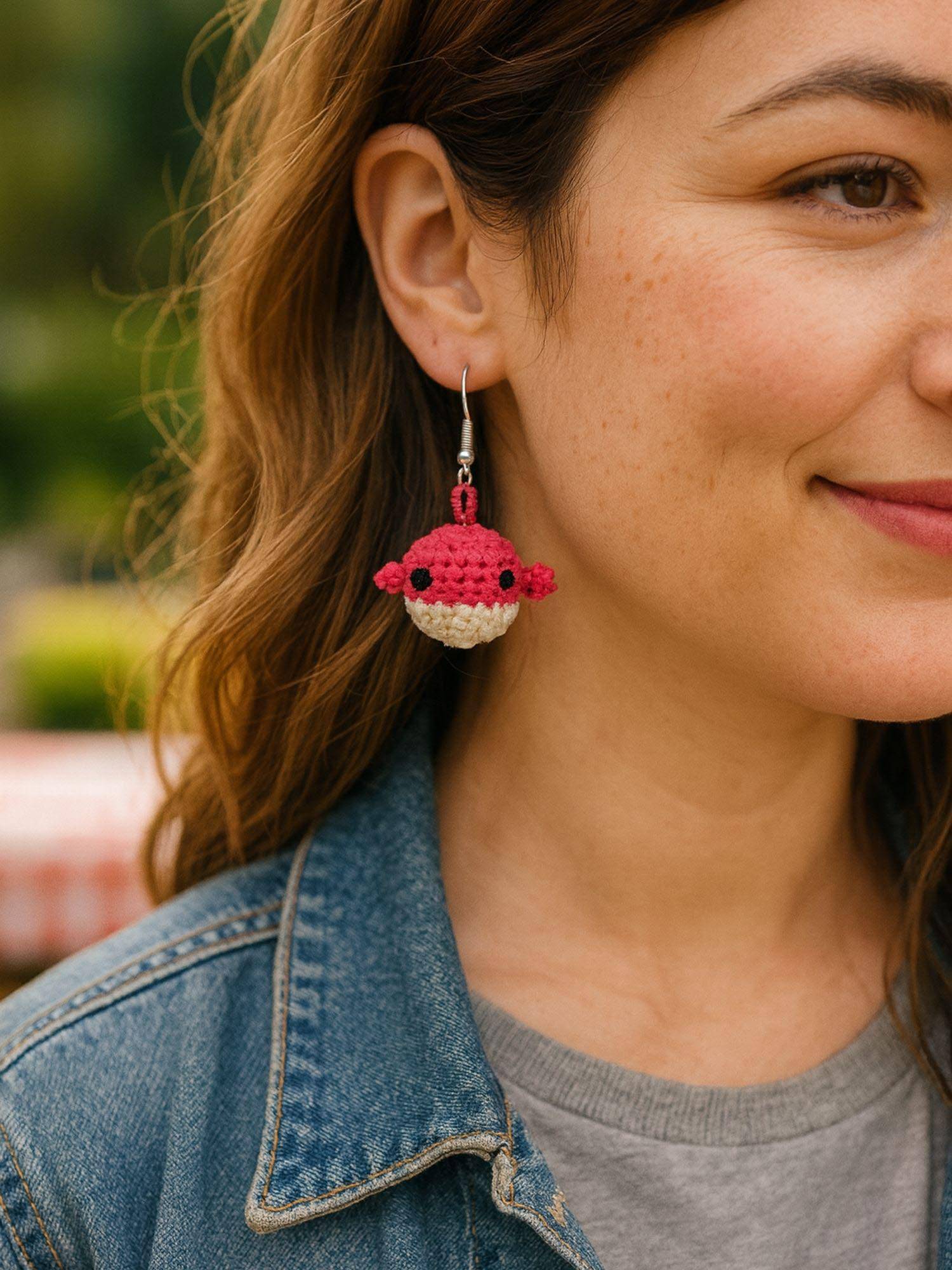 Digital Dress Room Handmade Pink Woolen Crochet Whale Drop Earrings