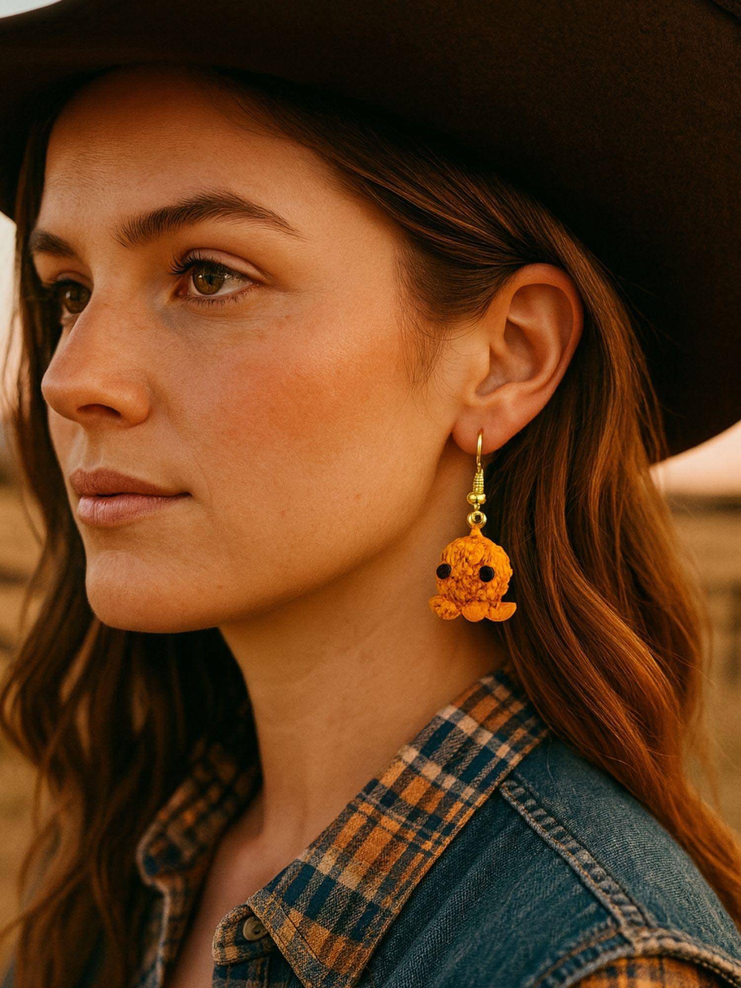 Digital Dress Room Handmade Crochet Woolen Brown Octopus Drop Earrings