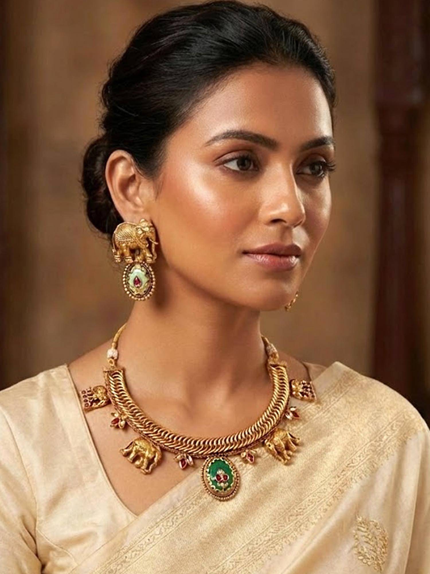Adwitiya Elephant Design Pota Multi-Color Stone Traditional Jewellery Set