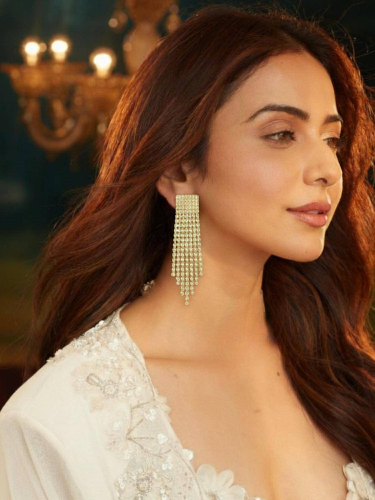 Accessher Gold-Tone Rhinestone Long Chandelier Drop Earrings