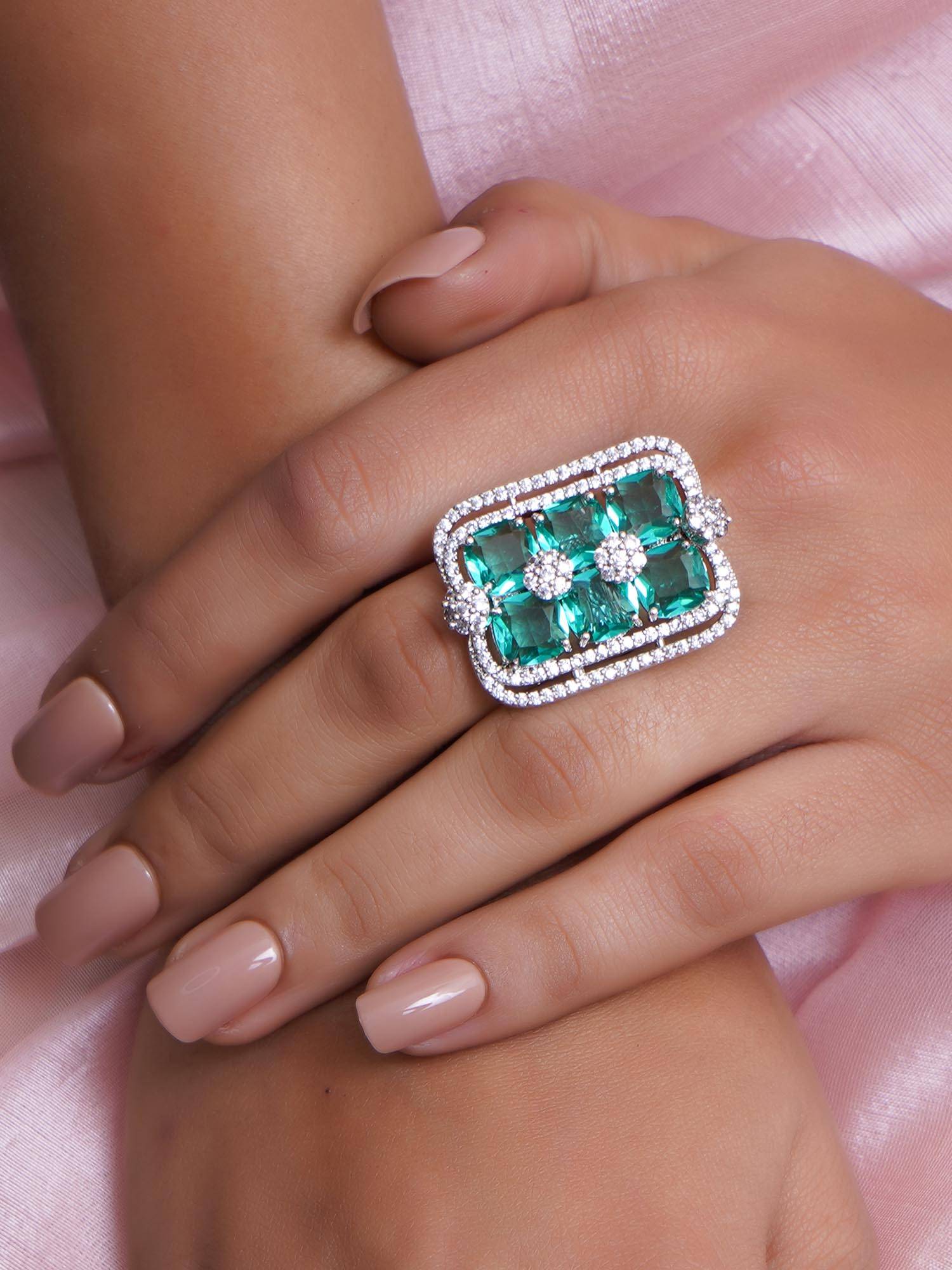 Adwitiya Rhodium Plated Ad Stone and Turquoise Studded Adjustable Ring