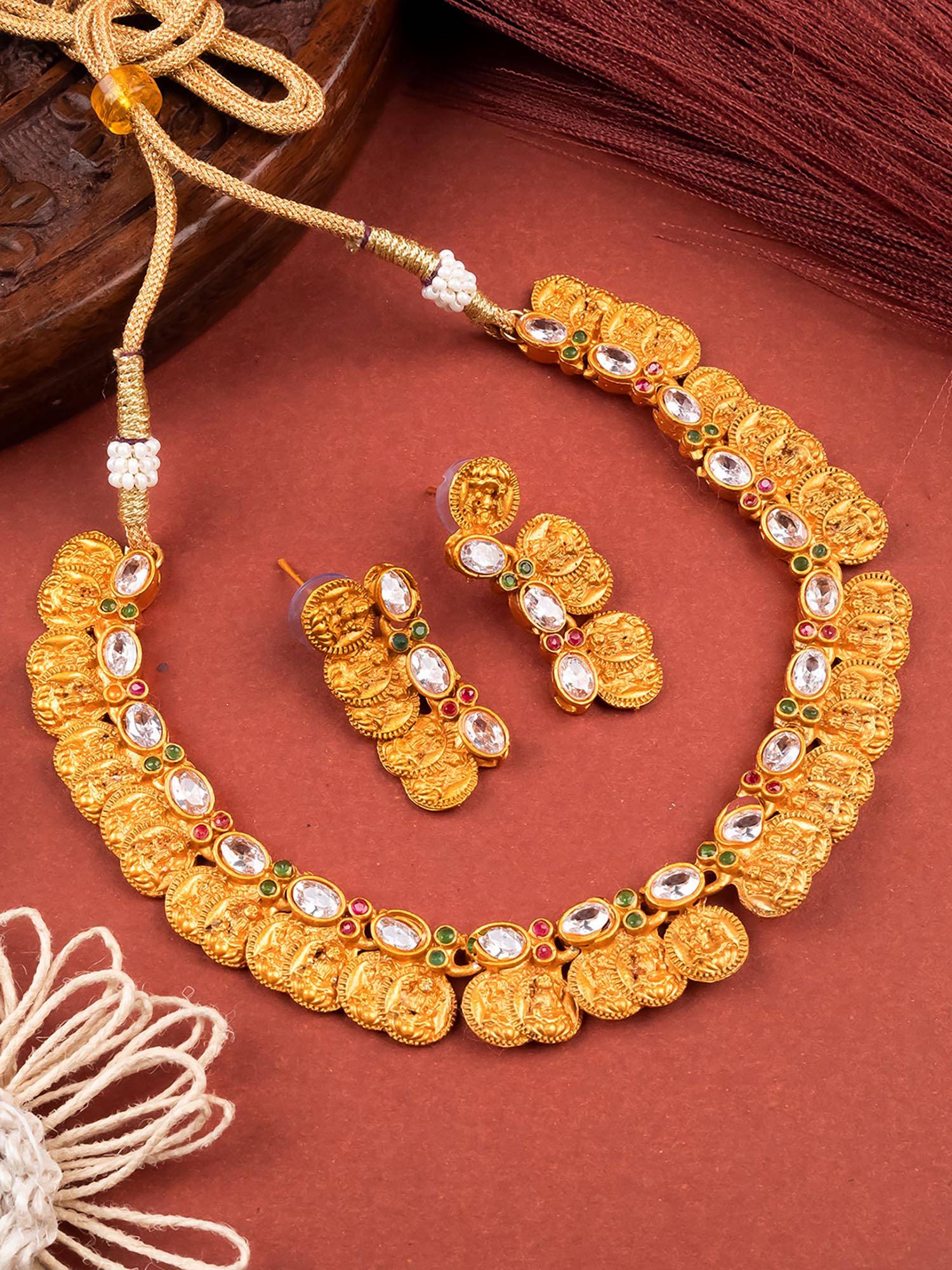 STILEADDA Gold Plated Multi-Color Kemp Laxmi Coin Necklace Set