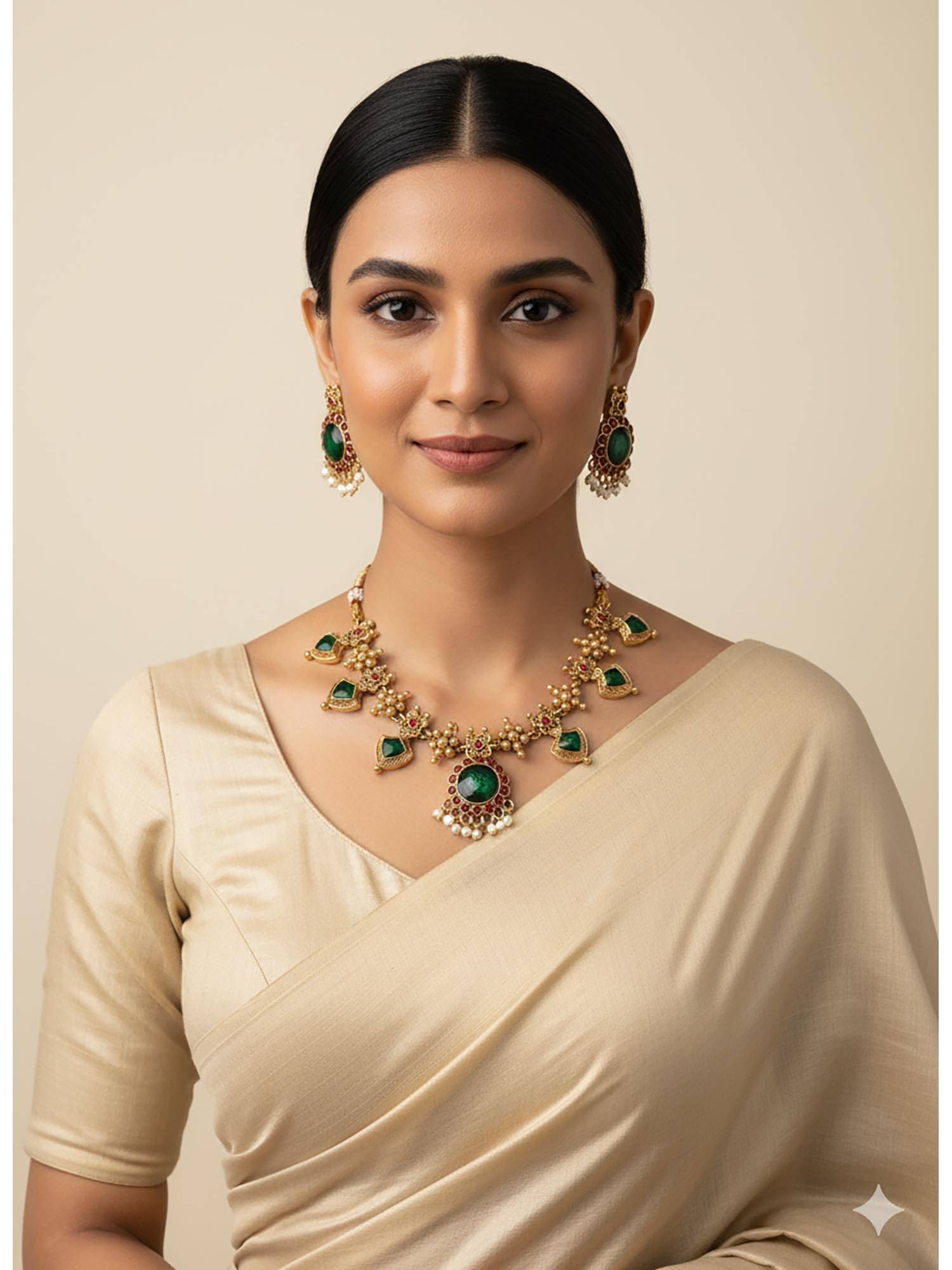 STILEADDA Gold Plated Green and Pink Floral Stone Jewellery Set